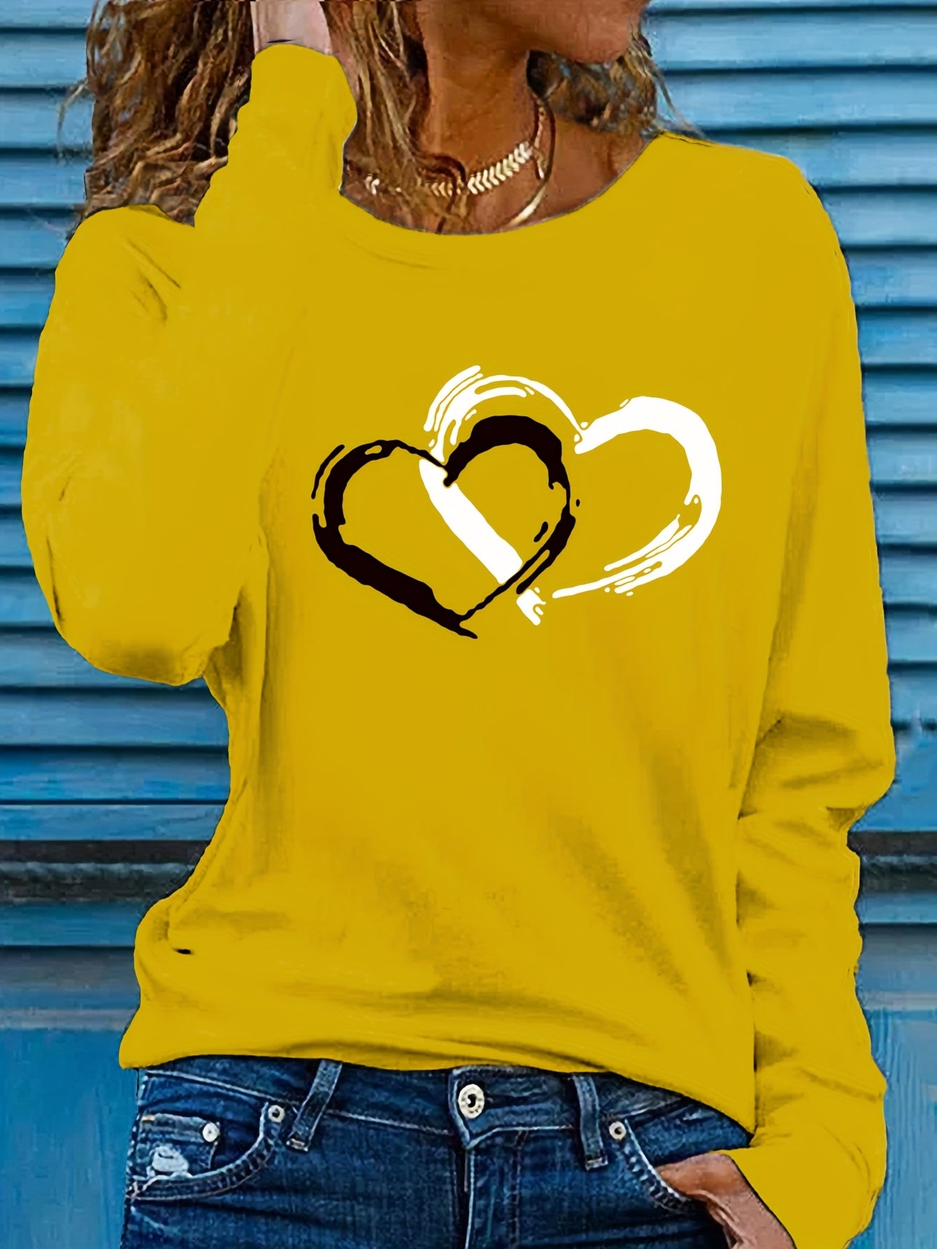 Heart Print Crew Neck T-shirt, Casual Long Sleeve Top For Spring & Fall, Women's Clothing