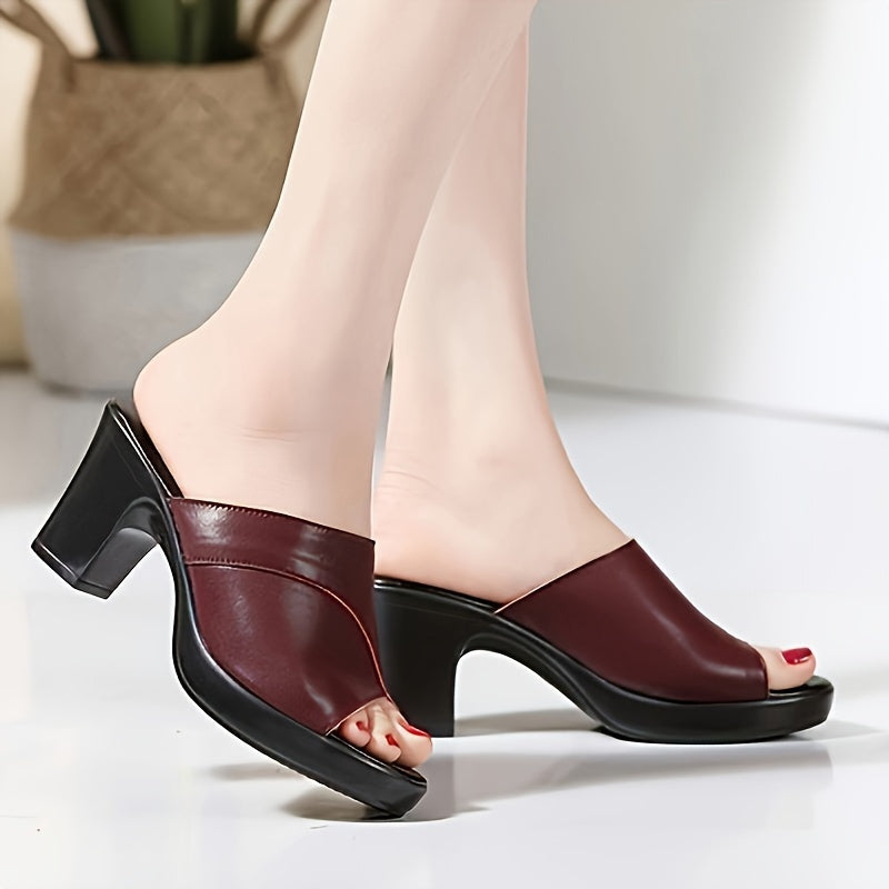 Women's Chunky High Block Heel Slip-On Mules - Glossy Black Faux Cover Open-Toe Slippers with Thick Platform Heels, Comfortable Round-Toe Summer Dress Shoes for Weddings, Parties, Office & Casual Wear (Easy-Care), Heels For Women, Shoes For Women, Womens
