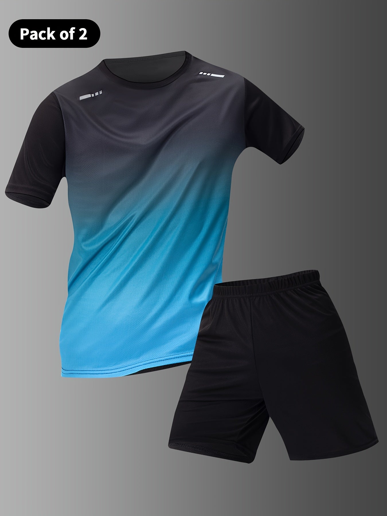 2-piece Men's Casual Sportswear Set, Gradient Short Sleeve Crew Neck T-shirt & Solid Elastic Waist Shorts For Summer Sports Activities
