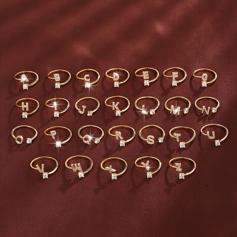 Fashionable 26 English Letters Four-Prong Synthetic Synthetic Zirconia Open Adjustment Ring