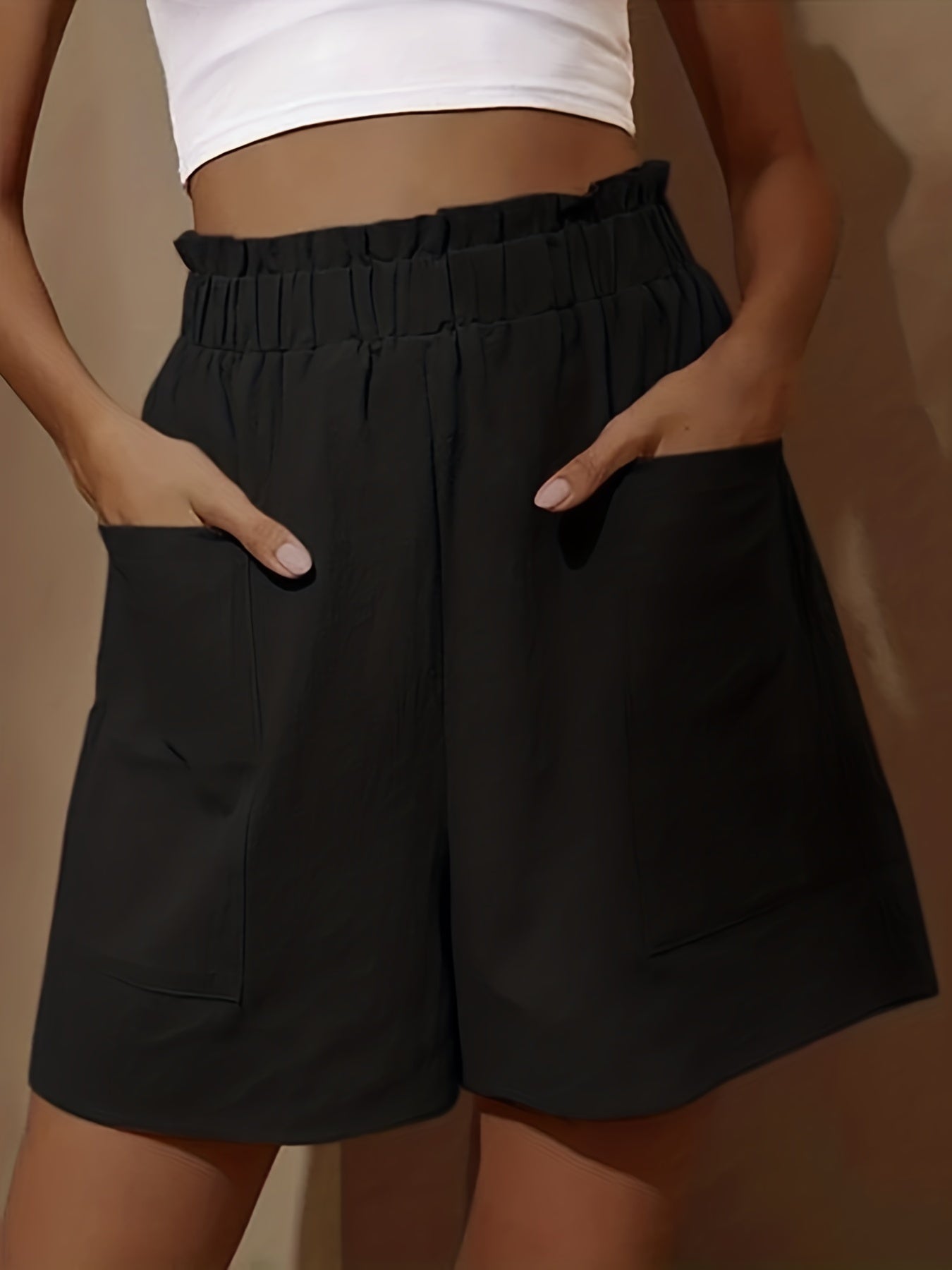 Plus Size Women's Summer Shorts - Middle Eastern-Inspired Ruffled Hem, Elastic Waistband, Side Pockets - Lightweight Fabric, Loose Fit Casual Shorts for Hot Weather, Cute Shorts, Comfortable Clothing, Flared Design, No Stretch Fabric, Semitransparent Mate
