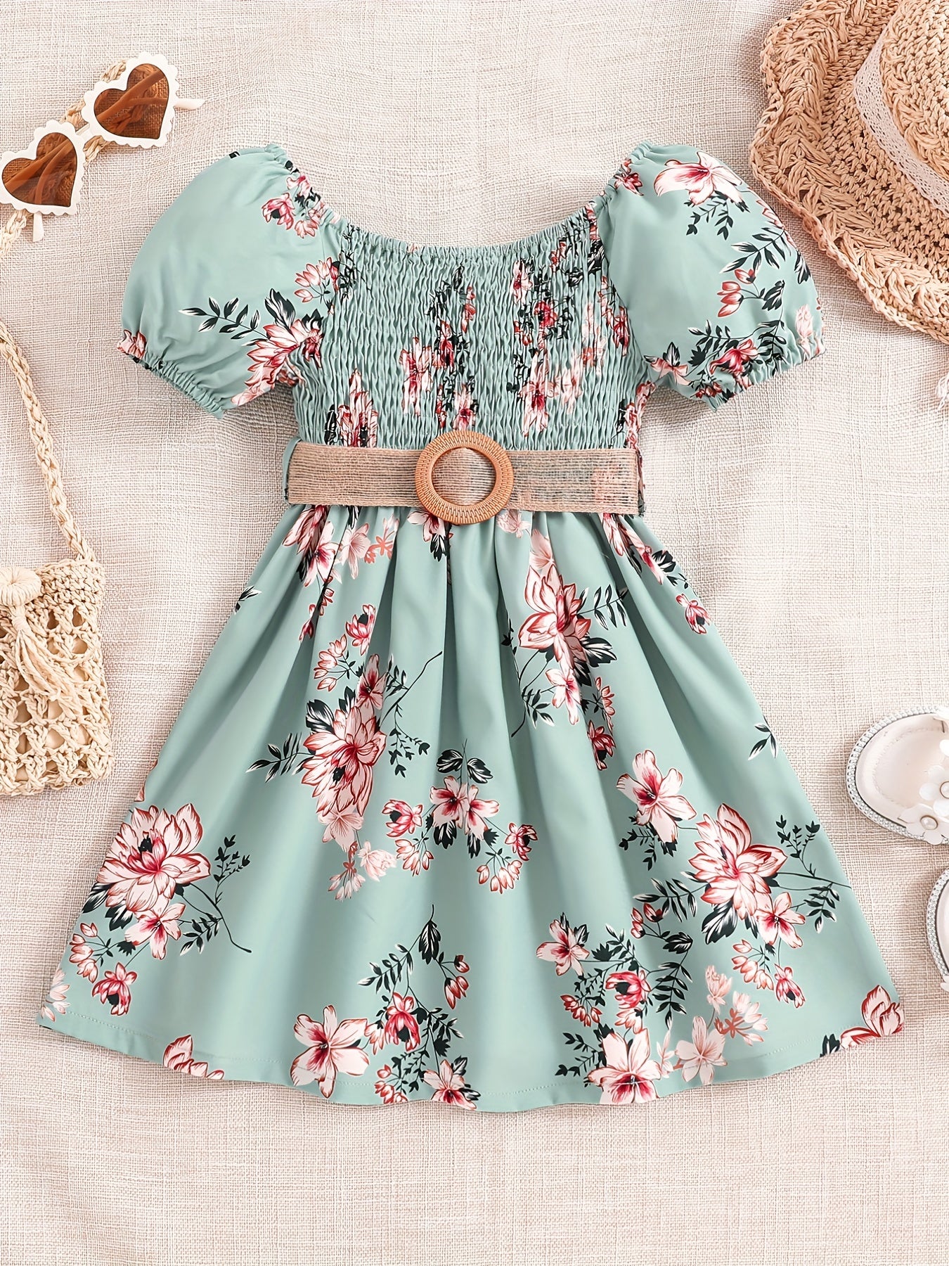 Summer Girls' Casual Floral Print Knee-Length Loose-Fit Dress with Ruffled Hem and Belt - Lightweight Woven Fabric, Short Sleeve, Perfect for Outdoor Play and Daily Wear, Summer Dresses for Girls, Playtime Fashion, Nontransparent Fabric