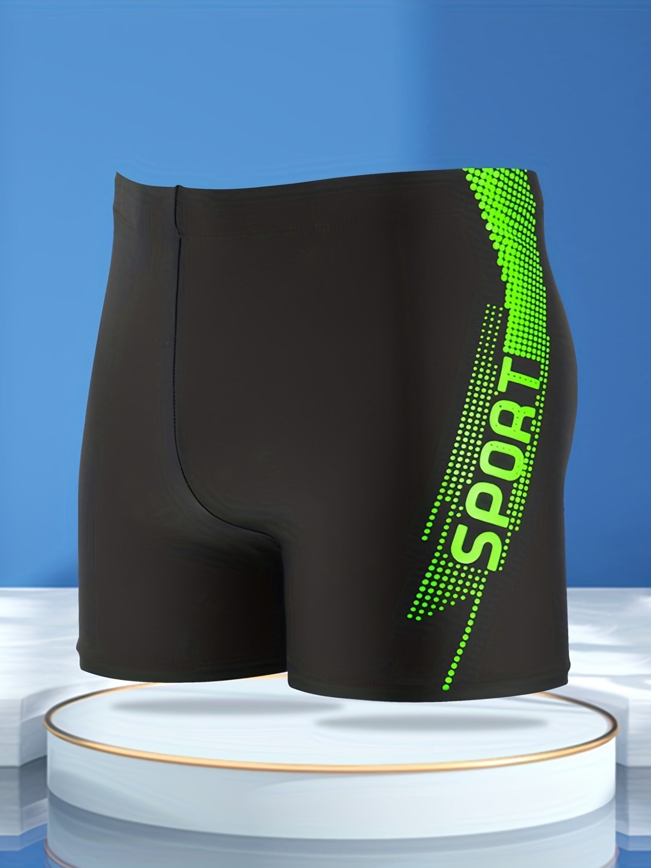 Men'S Quick-Dry Swim Shorts with Neon Green "SPORT" Letter Print - Elastic Waistband, Drawstring, Side Pockets, Regular Fit for Swimming, Surfing & Beach Activities, Swim Shorts, Beach Activewear, Sporty Swimwear, Comfortable Swimwear