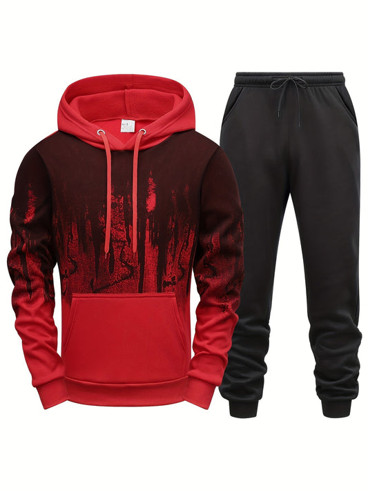 Men'S Casual Sweatshirt & Jogger Set - Red & Black Abstract Print, Breathable Polyester, Machine Washable, Long Sleeve Pullover with Kangaroo Pocket, Perfect for Spring/Fall, Casual Attire|Abstract Print Top|Washable Fabric, Sweater Pants