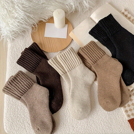 5-Pack Women's Terrycloth Thermal Winter Socks - Ultra-Thick Warm Ribbed Cuff Short Socks for Cold Weather, Neutral Colors (Beige/Brown/White), Versatile for Indoor & Outdoor Wear, Comfortable Clothing, Soft Texture
