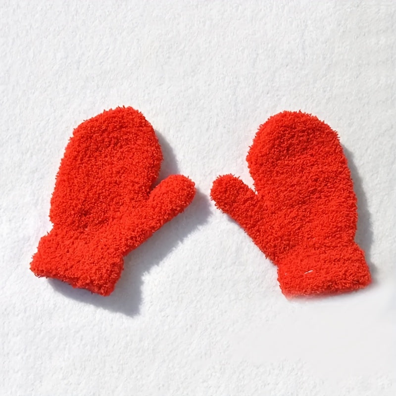 1 Pair Cute Plush Thick Warm Winter Gloves, Solid Color Polyester 100% Full Finger Mittens for Kids, Woven Velvet Baby Handwear