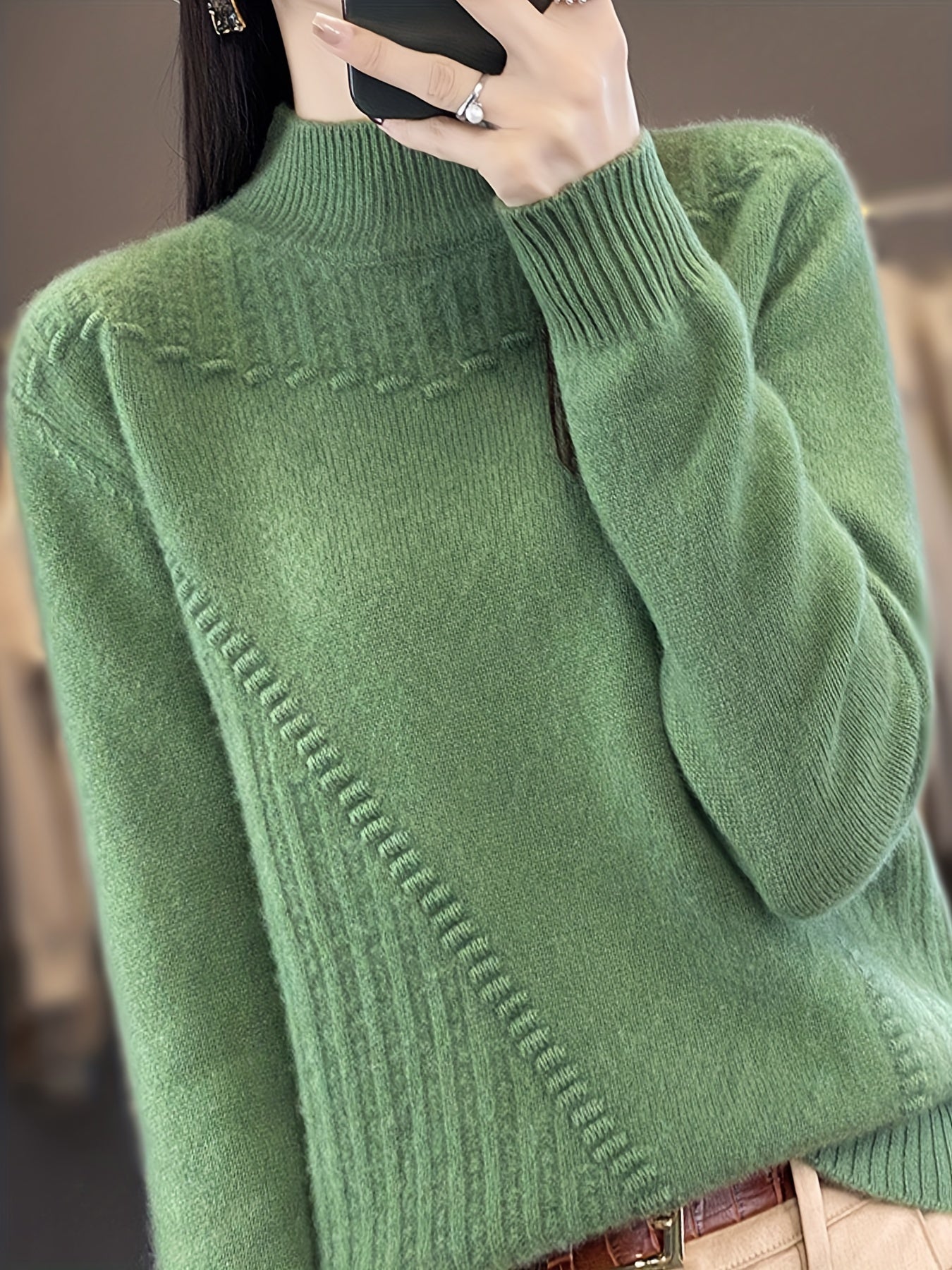 Plus Size Women's Half-Turtleneck Sweater - Soft Sleeve Pullover, Solid Black Casual Chic Top, Machine Washable All-Season Versatile Wardrobe, Everyday Pullover, Minimalist Design, Ribbed Texture