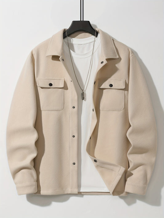 Men'S Solid Color Tweed Jacket, Mature Style, Snap Closure, Regular Fit, Polyester Lining, Woven Fabric, 485g/m², Fall/Winter Lapel Collar with Pockets
