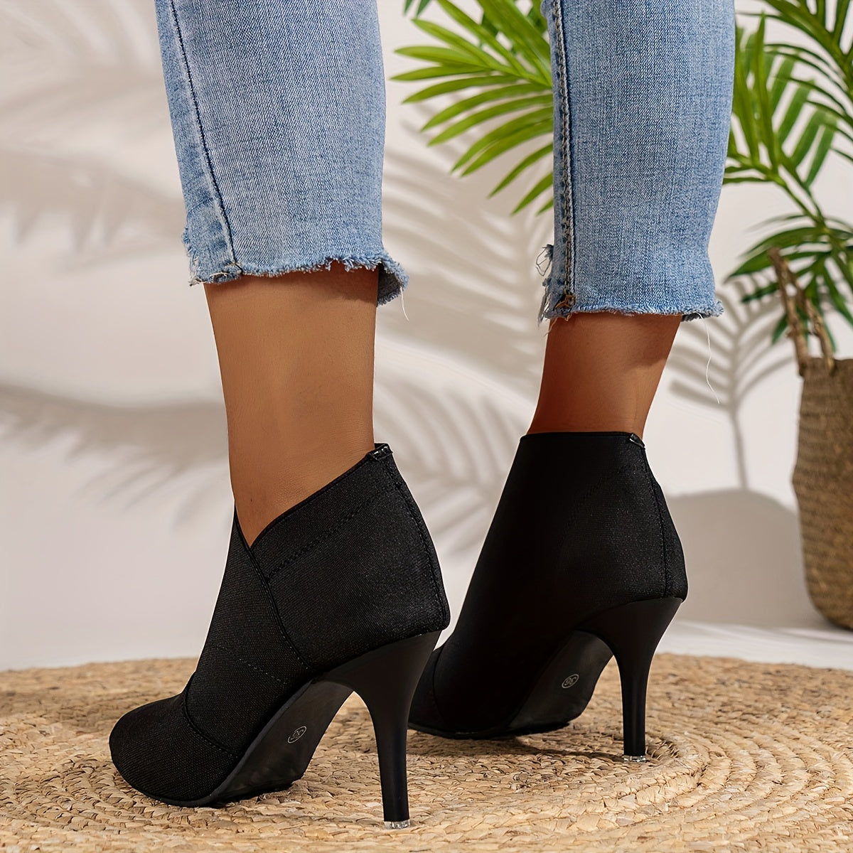 Women's Solid Color Casual Shoes, Slip On Stretch Walking High Heels, Point Toe Comfort Slim Versatile Shoes