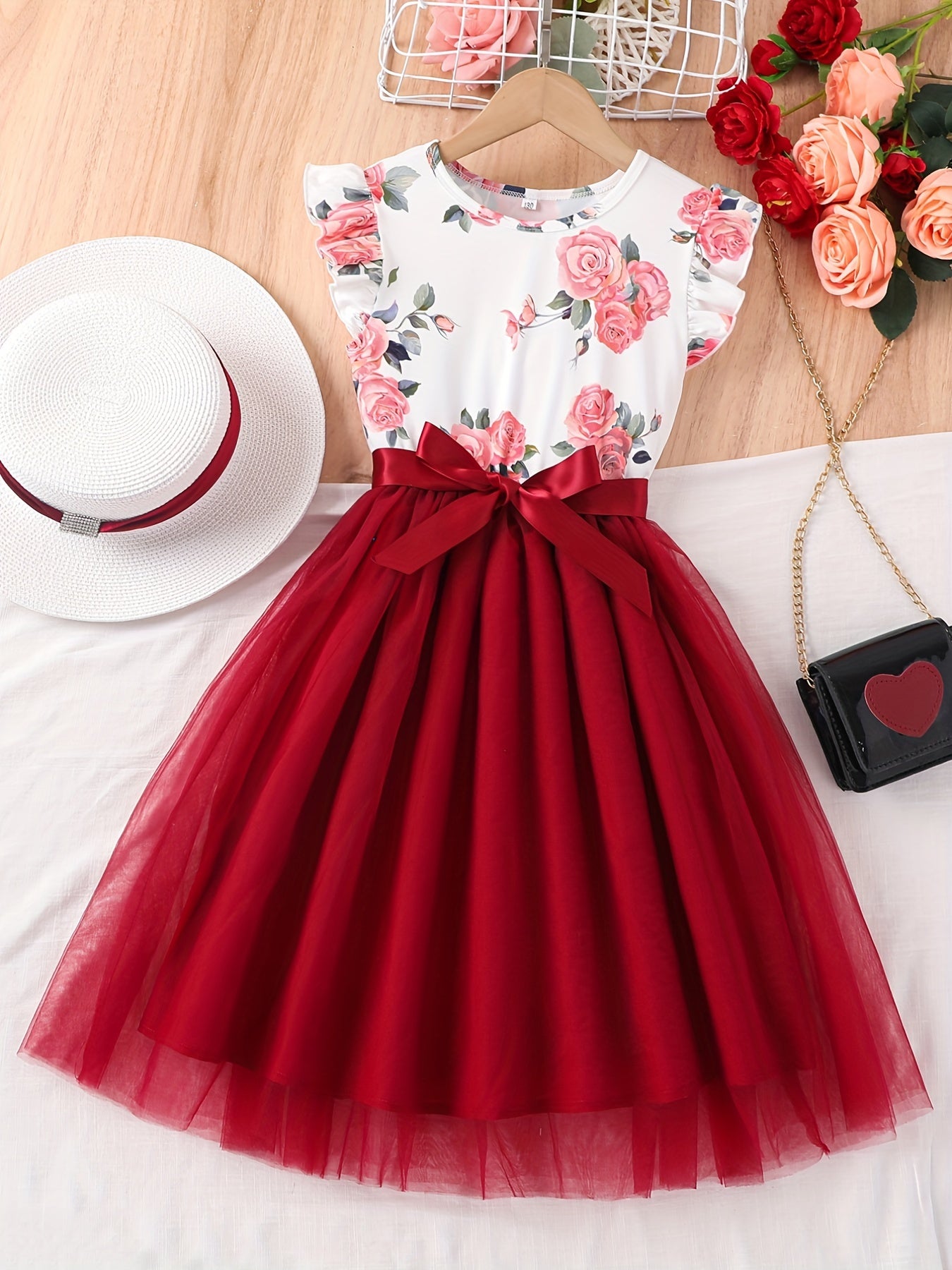 [1pc Floral Print Girl'S Dress] 1pc Elegant Floral Print Polyester Dress for Girls, Summer Sleeveless Regular Fit with Bow Detail, Children'S Casual Spaghetti Strap Skirt
