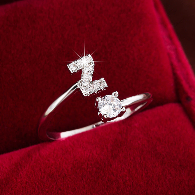 Fashionable 26 English Letters Four-Prong Synthetic Synthetic Zirconia Open Adjustment Ring