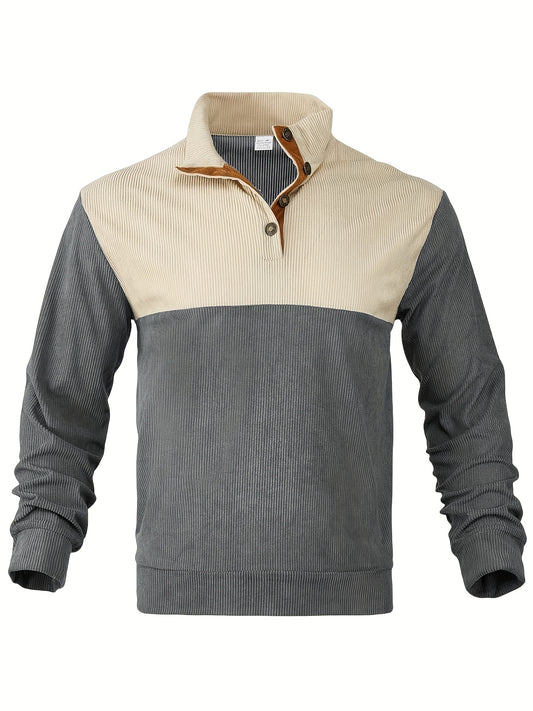 Retro Color Block Knitted Ribbed Sweater, Men's Casual Warm Mid Stretch Stand Collar Pullover Sweater For Men Fall Winter