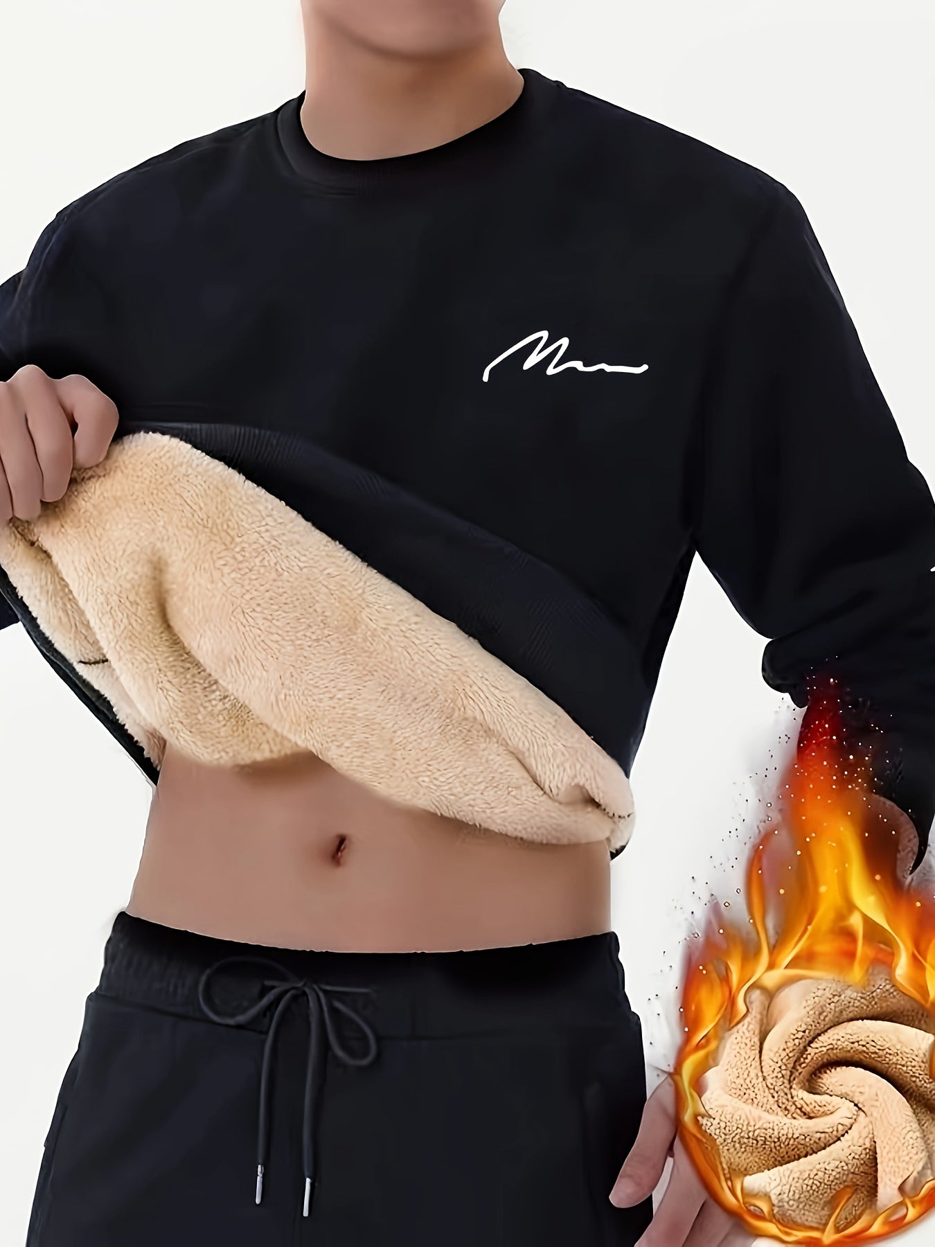 Men's Winter Warm Fleece-Lined Crew Neck Sweatshirt - Casual Black Long Sleeve with "MOM" Embroidery, Machine Washable, Cozy Polyester Fabric