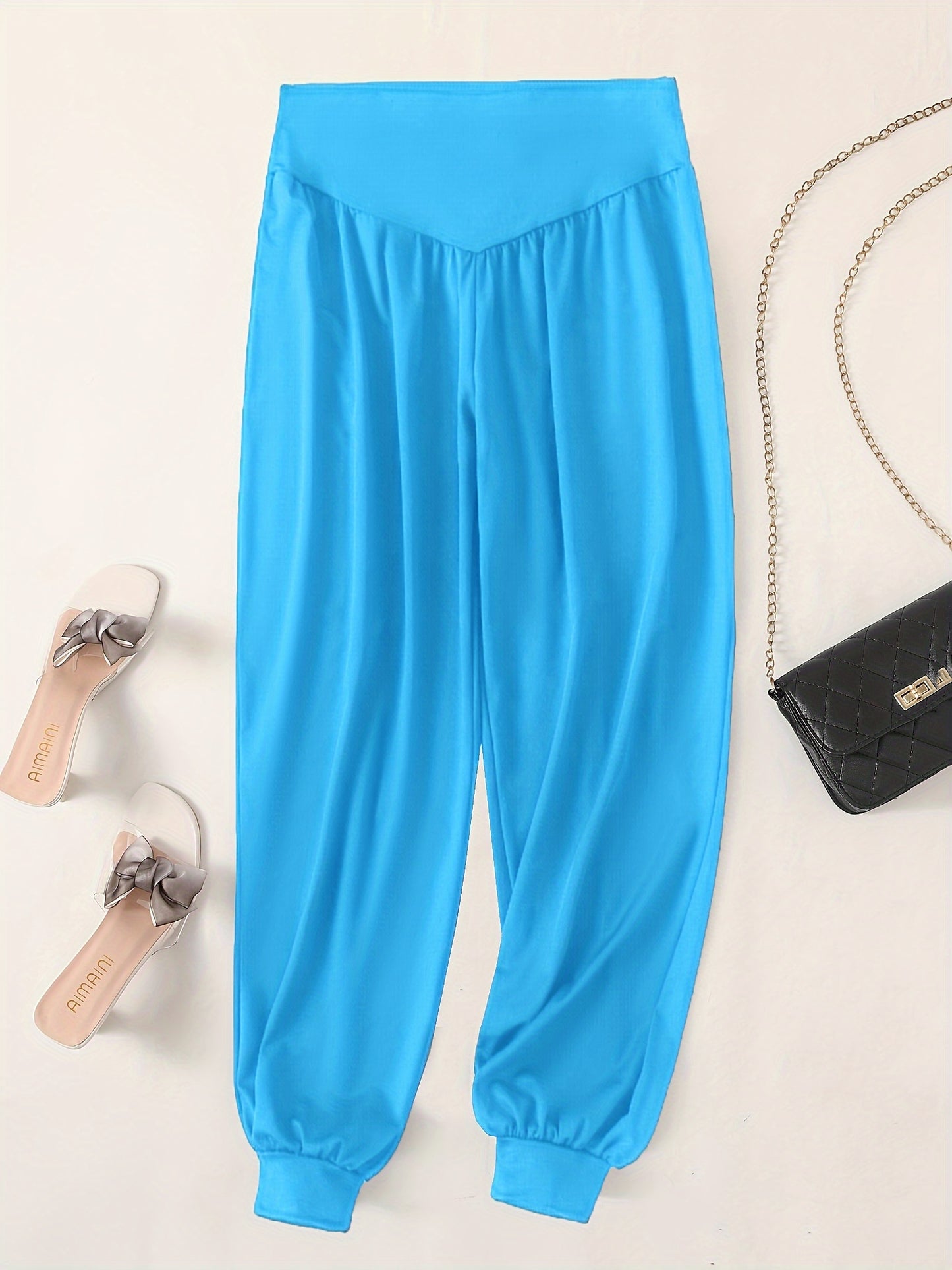 Women's Plus Size Bright Yellow Harem Pants - Casual Stretch Polyester, Ruched Waist, Comfort Fit for Casual Attire, Spring Autumn Pants|Flowing Fashion Pants|Glossy Fabric Pants