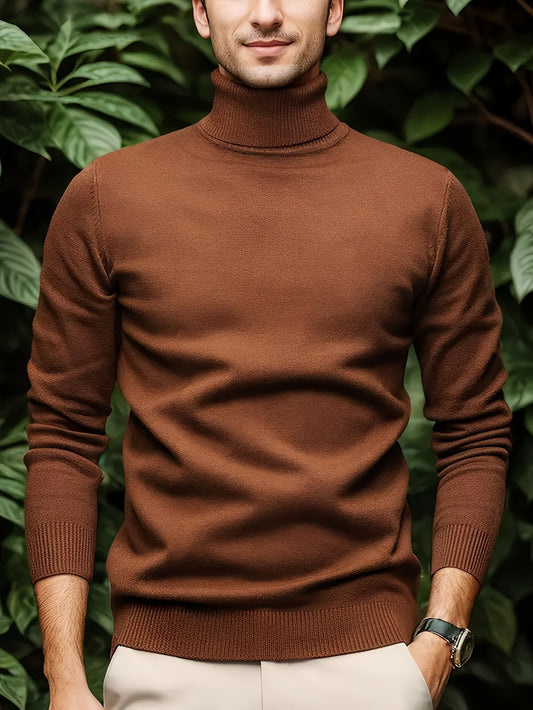 Men's Casual Solid Color Turtleneck Sweater - Soft Stretch Knit Long Sleeve Pullover for Fall Winter, Regular Fit Solid Color Versatile Top, Winter Comfort Clothing, Classic Collar Design, Comfortable Winter Wear