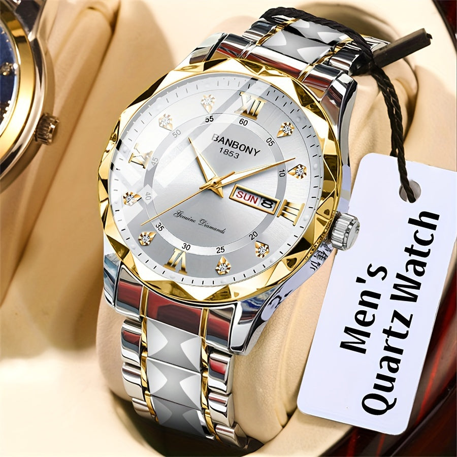 1 New Stainless Steel Men'S Quartz Watch with Roman Numerals, Rhinestone Dial, Date Calendar, Trendy Minimalist Luxury Brand, Luminous Sports Casual Business Multi-Functional Watch - Ideal Birthday Gift and Holiday Present, Elegant Watch For Men, Watch Fo