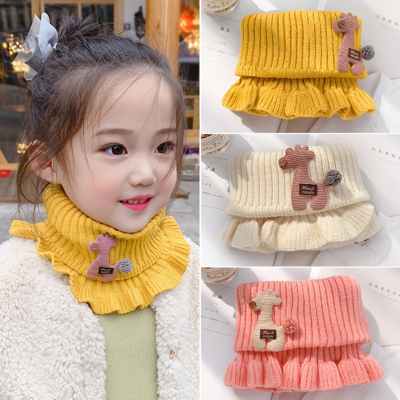 Youngsters' Winter Knitted Bibs - Windproof Warm Ruffled Collar with Cute Cartoon Animal Applique, Soft Multicolor Options for Boys & Girls, Hand Wash/Dry Clean, Mealtime Apparel