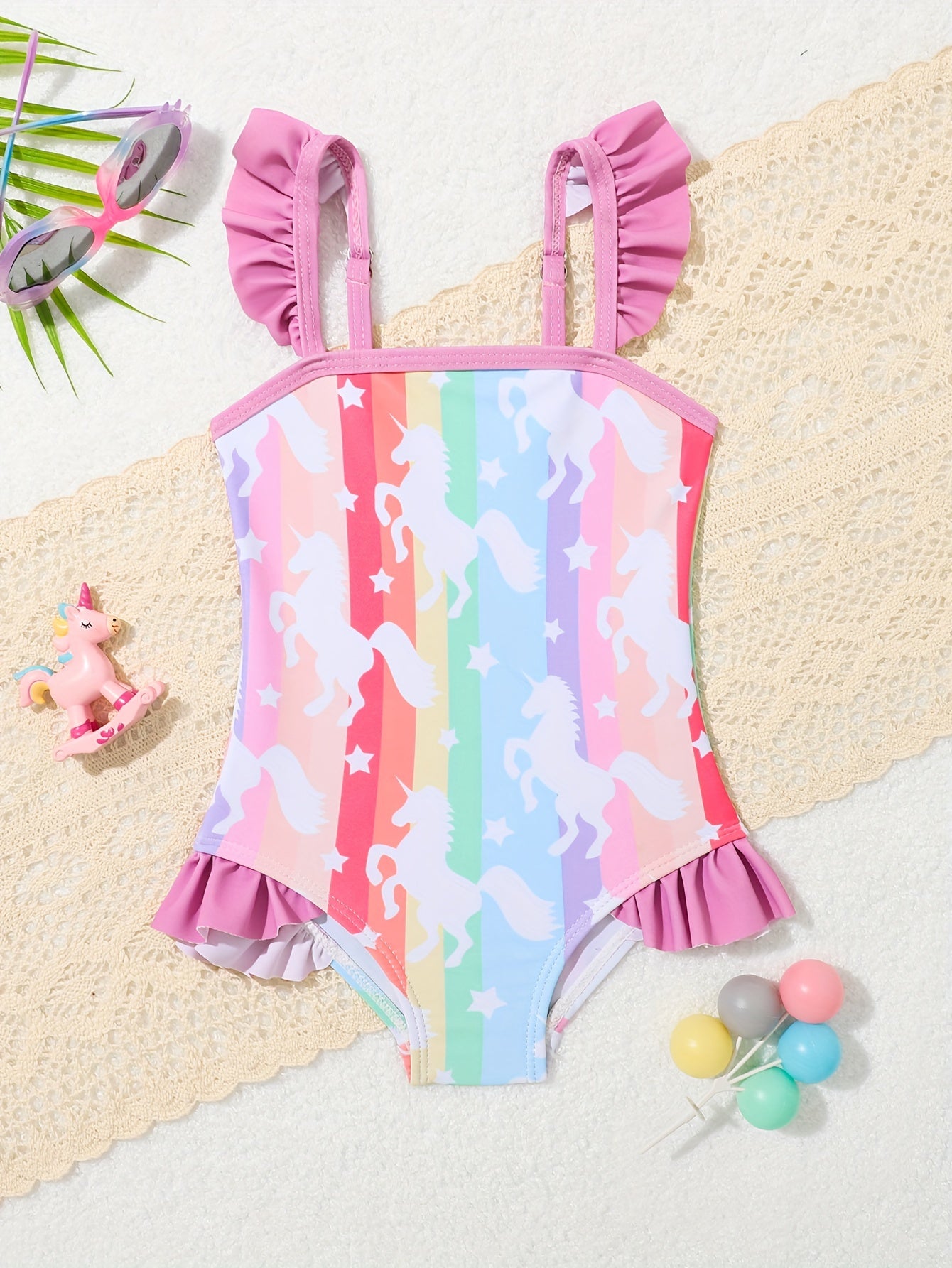 Baby Cute Rainbow Print Onesie Kids Swimsuit Girls Quick Drying Swimwear