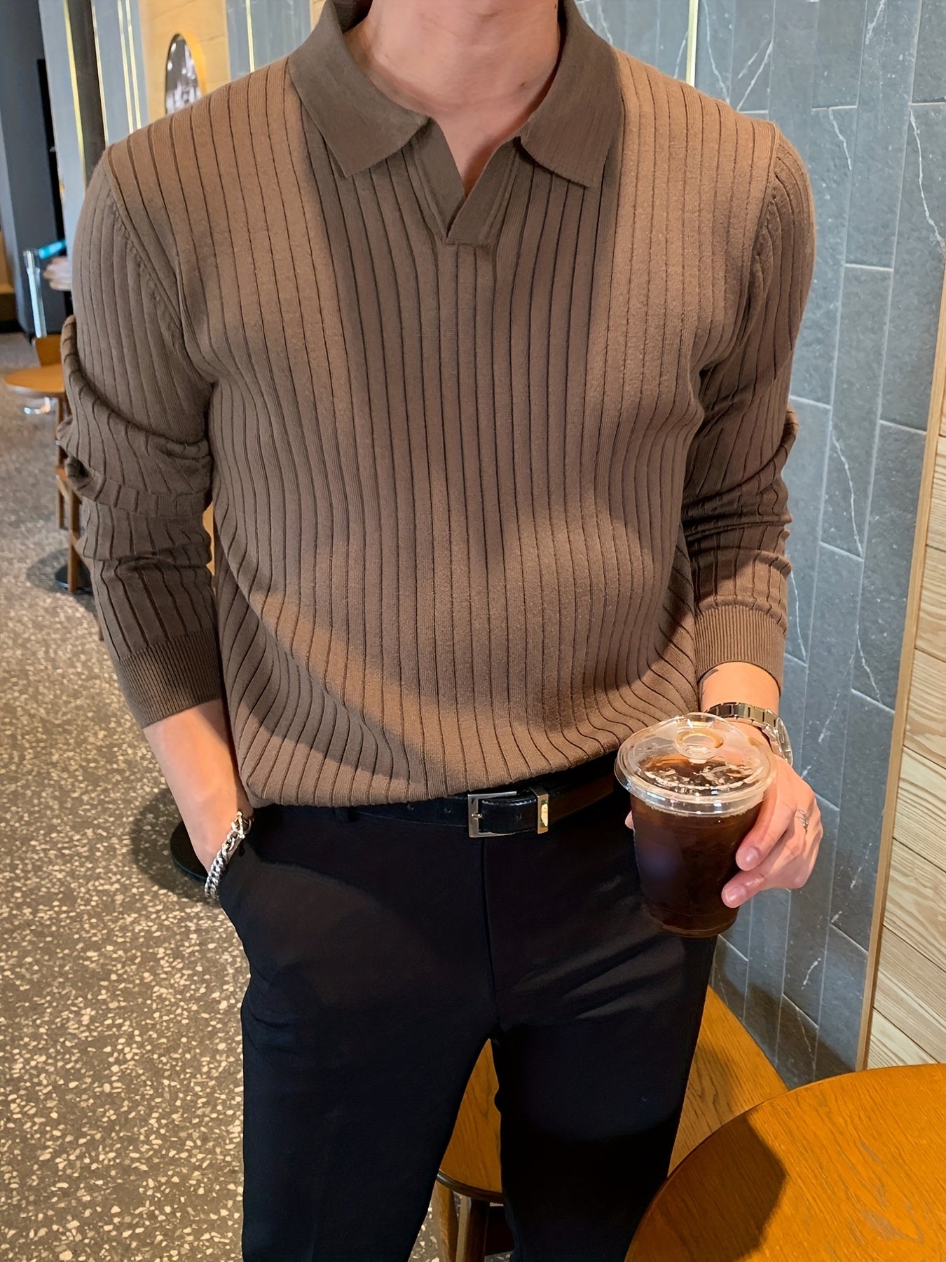 Men's Casual Solid Color Collar Knit Shirt - Stretch V-Neck Long Sleeve Pullover Sweater for Autumn Winter, Regular Fit, Fall Sweaters, Medium Elasticity, Seasonal Fashion, Stylish Knitwear, Breathable Material, Casual Attire