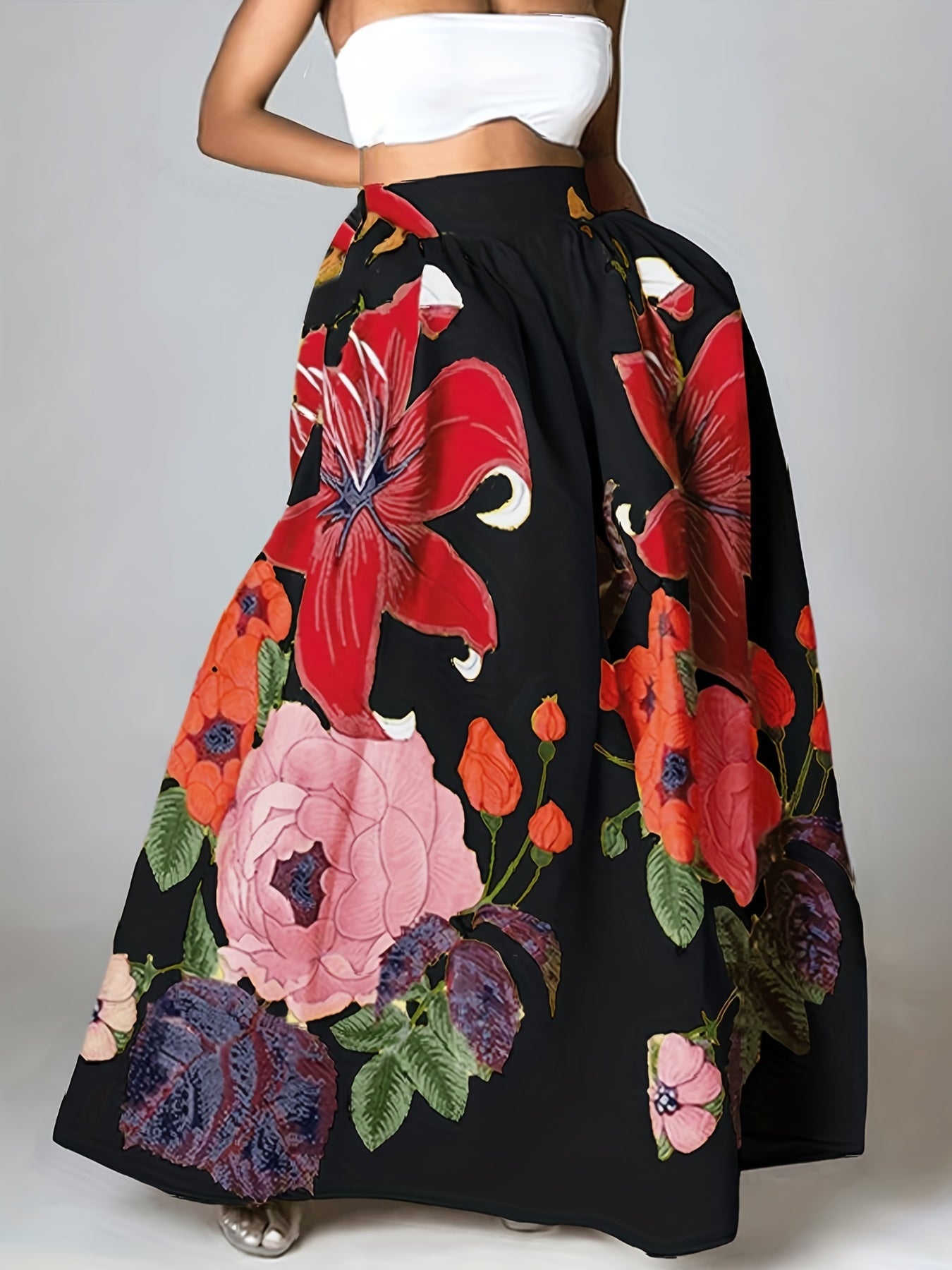 Women's Bohemian Floral Print High-Waist Maxi Skirt - Vibrant Multi-Color Flowers, Flowy A-Line Silhouette, Ideal for Parties and Beach Holidays, Party Wear Skirt|Flowy Maxi Skirt|Elastic Waistband