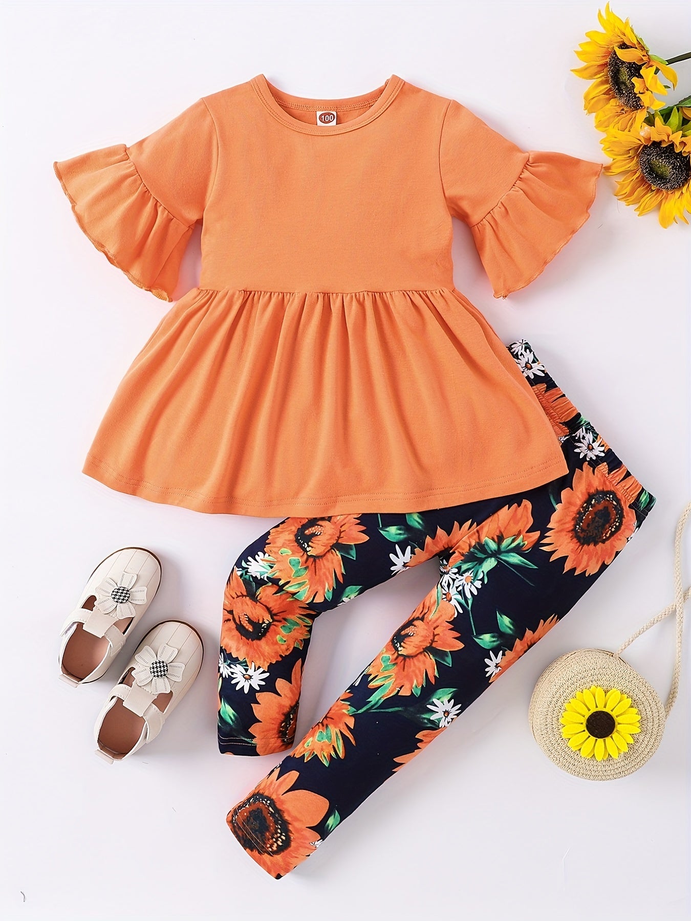 Girls' Floral Print Flared Sleeve Dress with Ruffled Hem & Elastic Waistband - Light Purple & Black Sunflower Design, Long Pants for Spring/Fall Casual Wear, Spring Fall Clothing, Comfortable Fit, for Outdoor