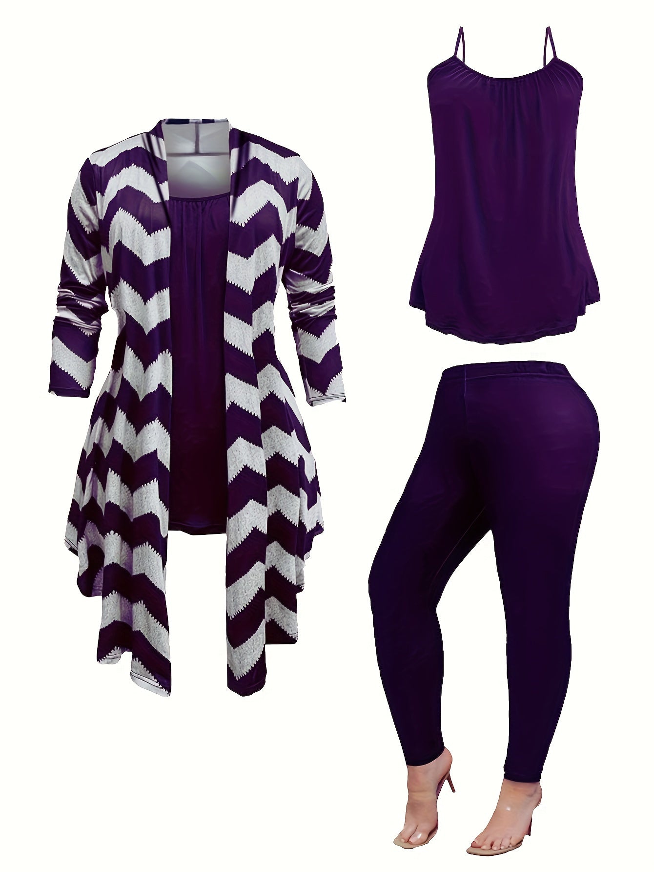 Plus Size Casual Outfits Set, Women's Plus Wave Trim Long Sleeve Shawl Collar Coat & Cami Top & Leggings Outfits Three Piece Set