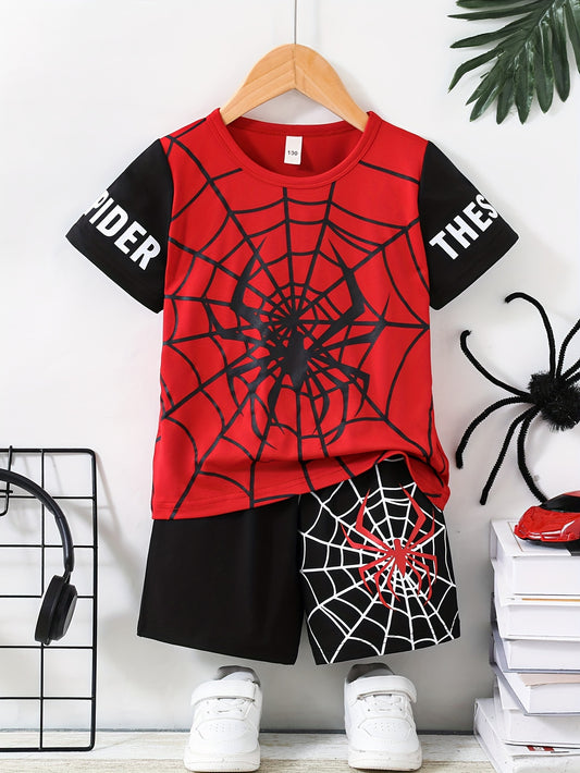 Boys Short Sleeve Shorts Set Spider Pattern Short Sleeve Shorts Set