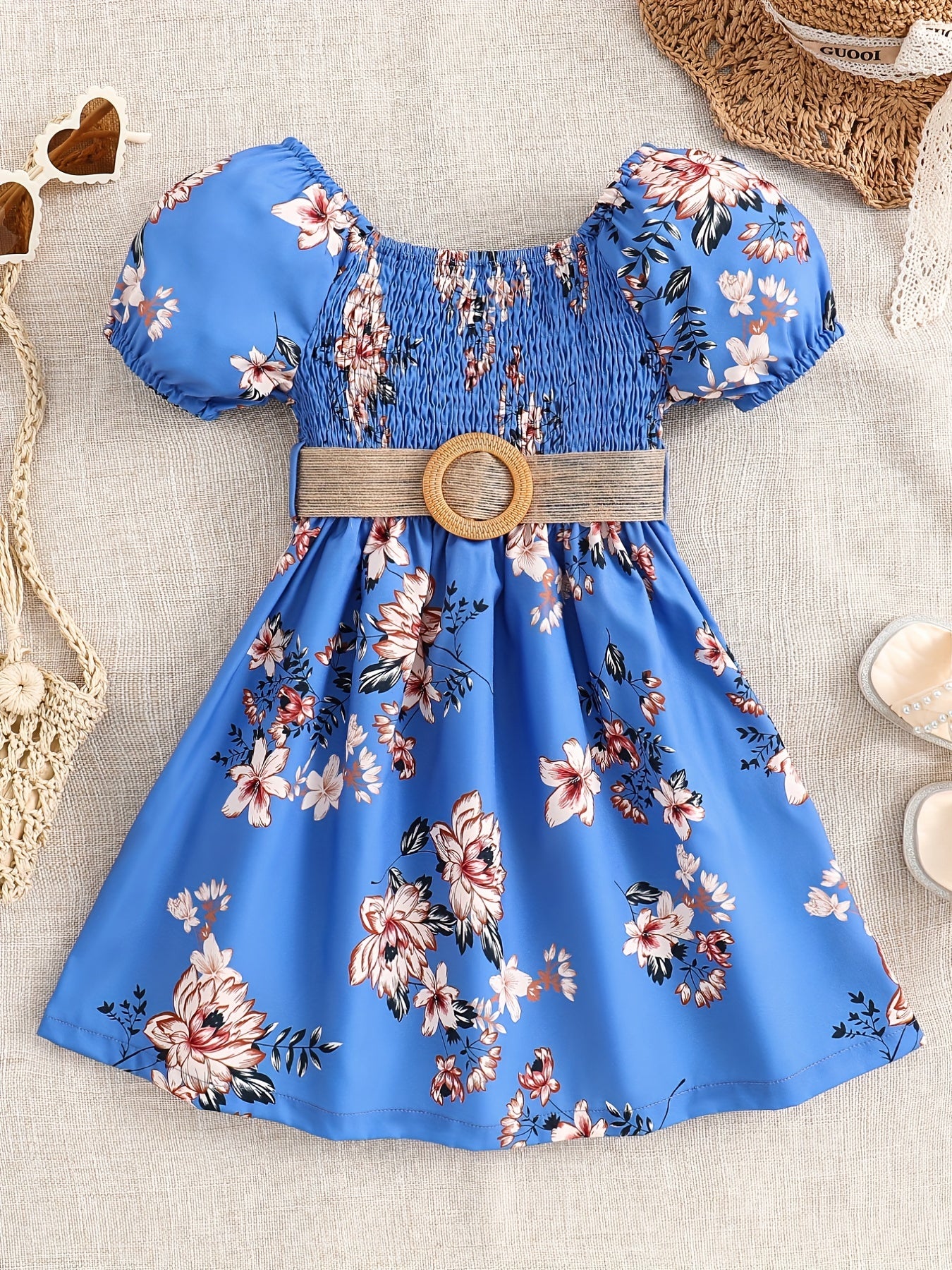 Summer Girls' Casual Floral Print Knee-Length Loose-Fit Dress with Ruffled Hem and Belt - Lightweight Woven Fabric, Short Sleeve, Perfect for Outdoor Play and Daily Wear, Summer Dresses for Girls, Playtime Fashion, Nontransparent Fabric