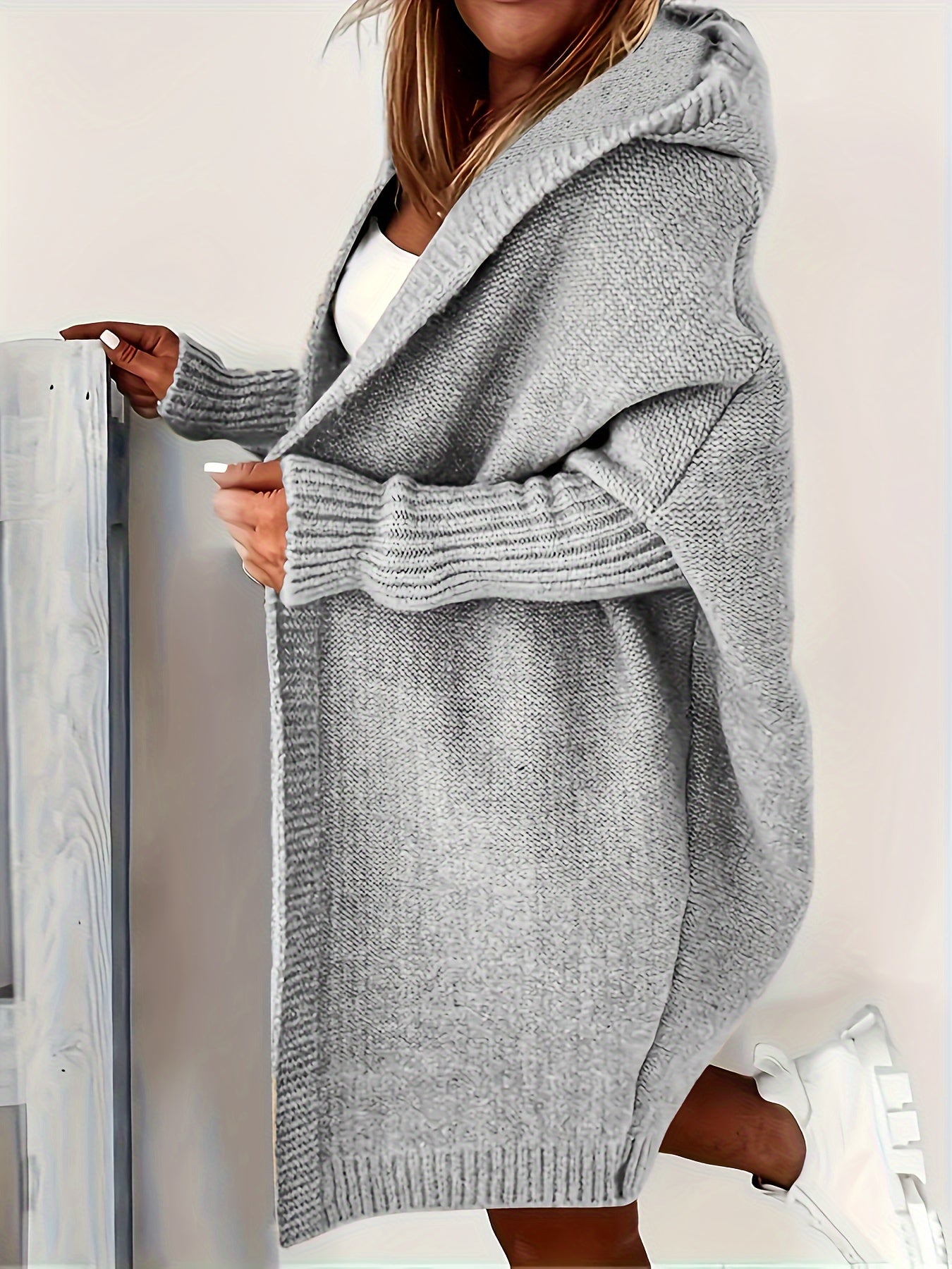 Women's Plus-Size Casual Open-Front Cardigan - Soft Grey Buttonless Sweater for Spring/Fall, Lightweight Layering Piece with Open Front Design, Cardigan Sweater, Spring Fall Wear, Ribbed Edge Detailing, Textured Knitwear, Transitional Season Wear, Comfort