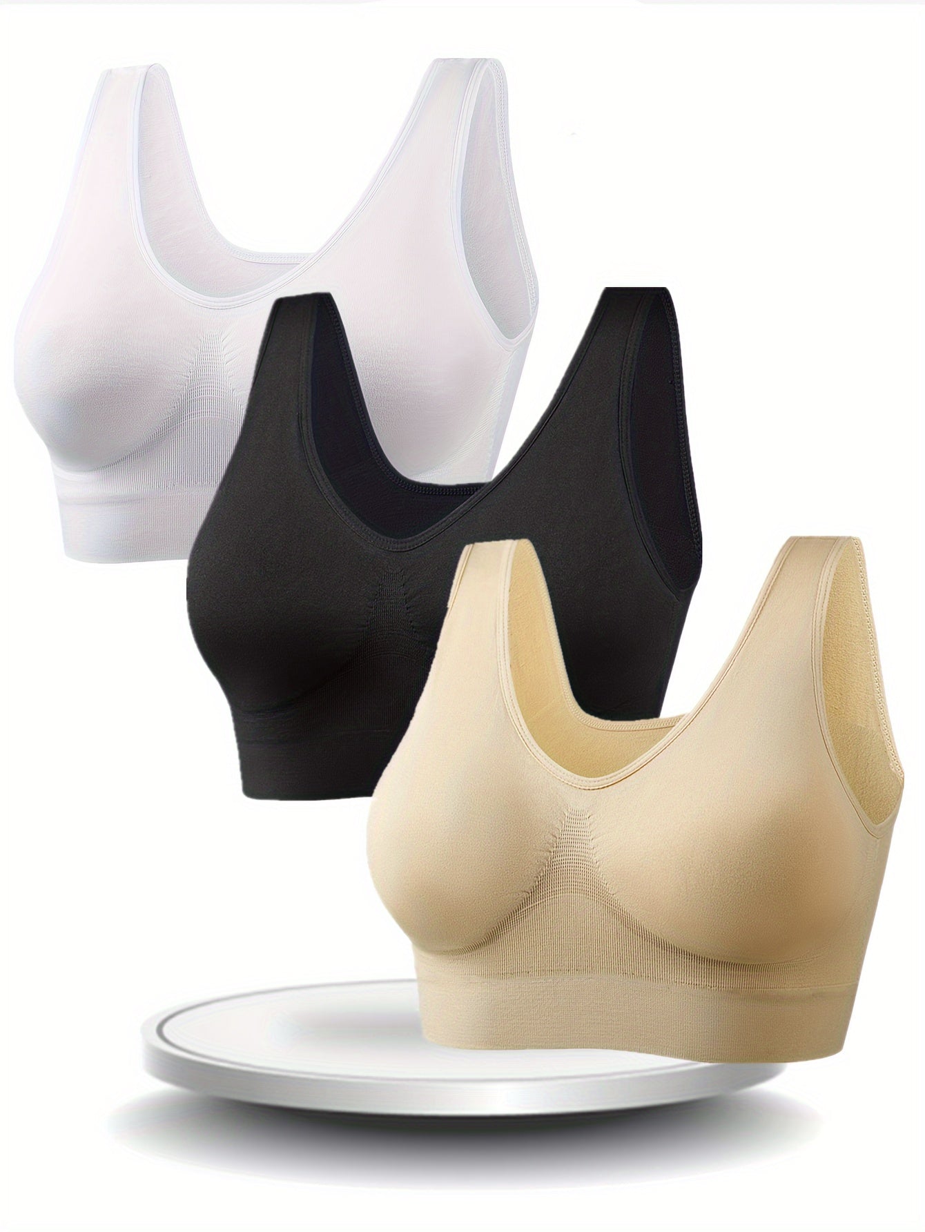 3pcs Women's Plus Size Wire-Free s Bras - No Padding, Seamless Medium Support Running Bras, Breathable Backless Design, Machine Washable Solid Color, Wireless s Bra, Backless s Bra, Mediumimpact Fabric, Smooth Texture Bra