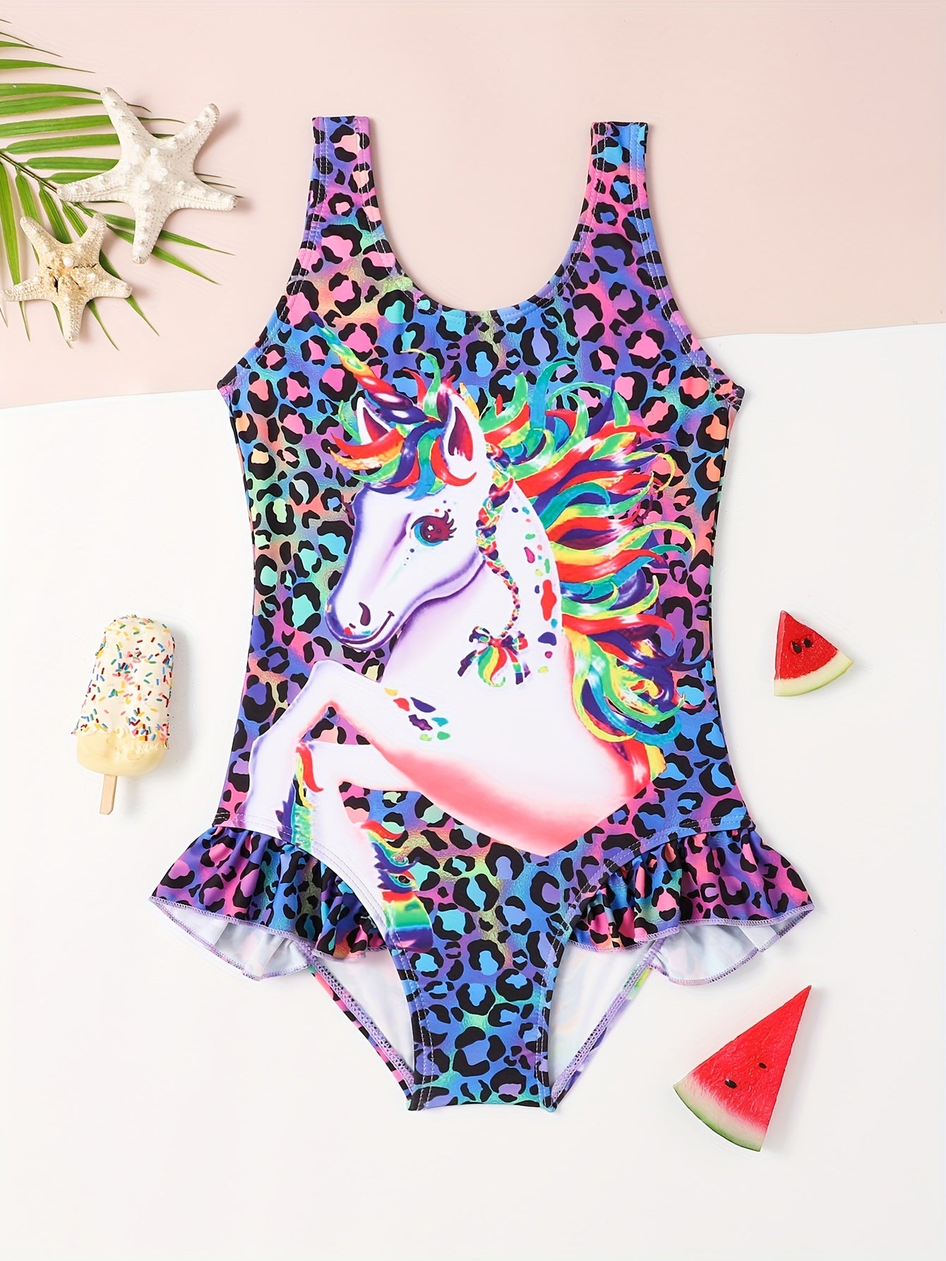 Trendy Unicorn Graphic Ruffle Trim 1-piece Swimsuit Kids Clothes For Summer Gift