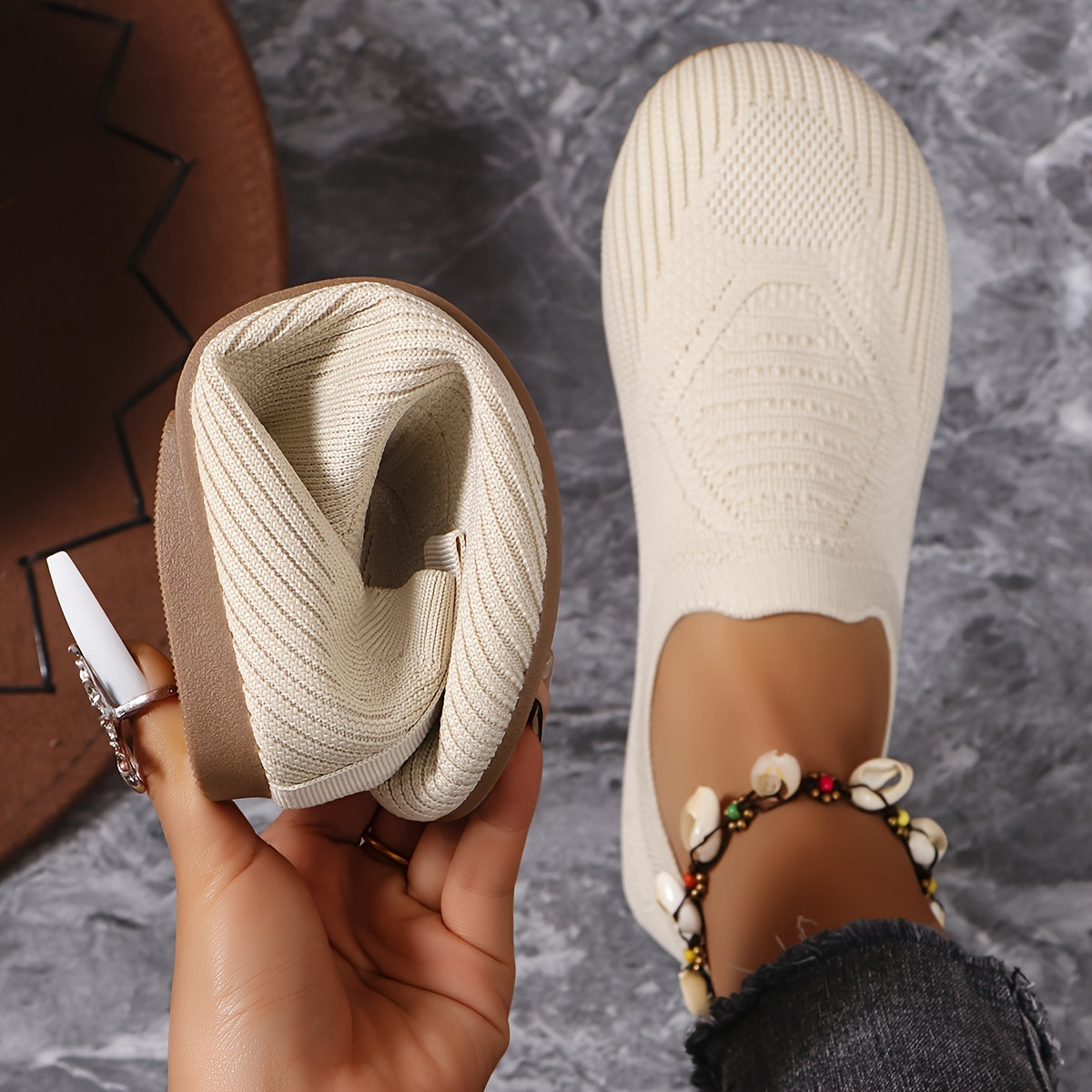 Women's Breathable Knit Slip-On Flats - Casual Round Toe Mary Jane Shoes with Soft Rubber Sole, Lightweight Gray Fabric Design for All-Day Comfort