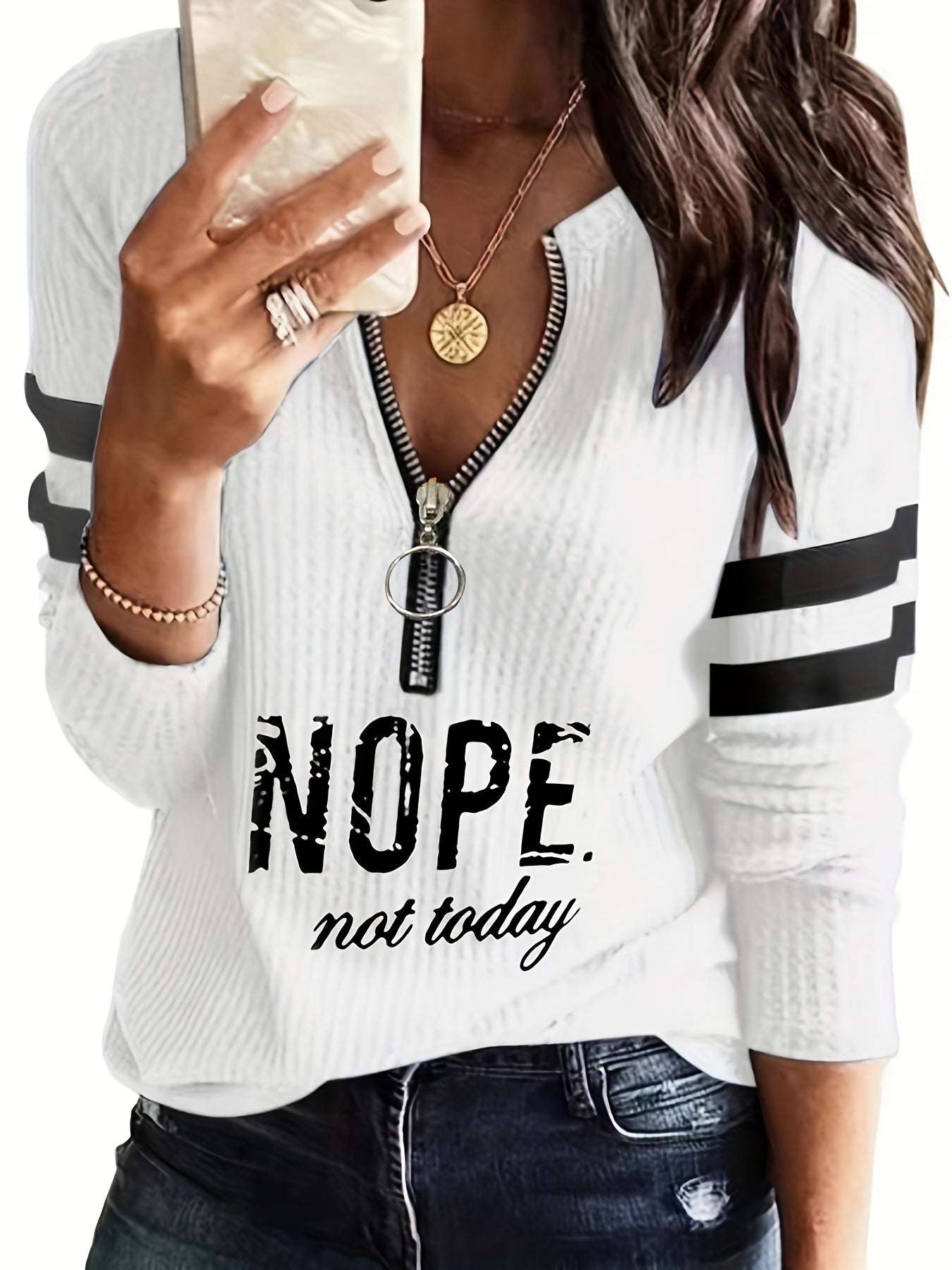 Stripe & Letter Print Zip Front T-Shirt, Casual Long Sleeve Top for Spring & Fall, Women's Clothing