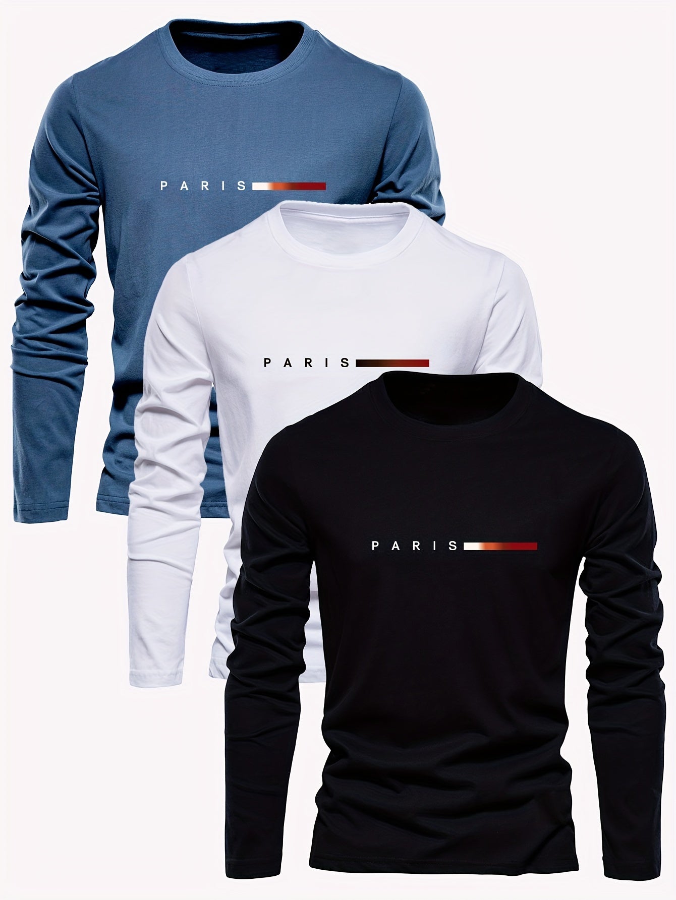 3pcs Men's 100% Cotton Oversized Long Sleeve T-Shirts - Minimalist Paris Letter Print & Red Paris Logo Design, Round Neck Casual Streetwear Layering Essential in Beige/White/Black | Spring/Fall Casual Attire, Versatile Layering Basic Tops with Relaxed Fit