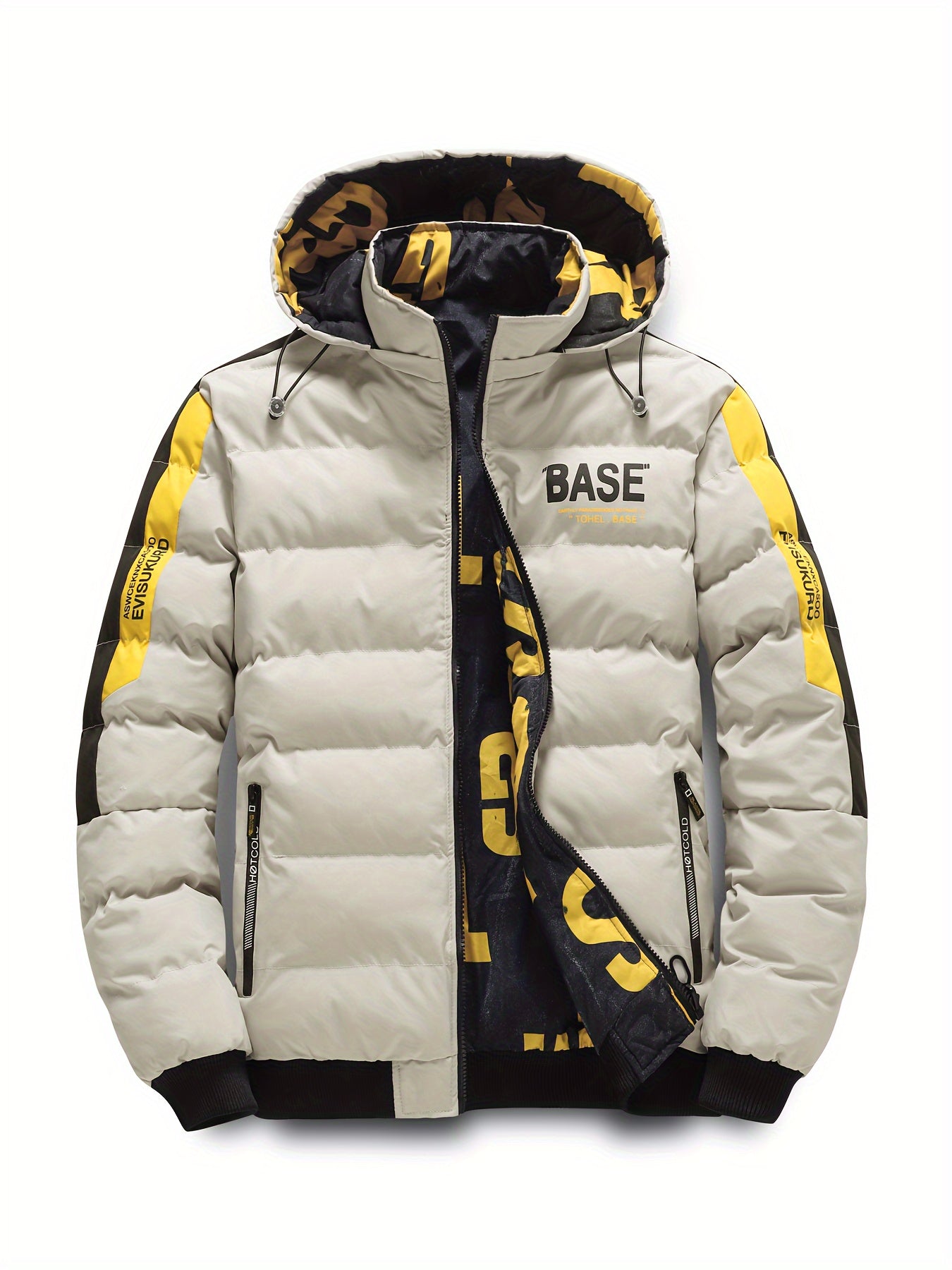 Men'S Hooded Jacket - Casual Polyester 100% Alphabet Pattern Regular Fit Winter Coat with Non-Stretch Fabric, Long Sleeve, Zipper Details & Polyester Fiber Filling