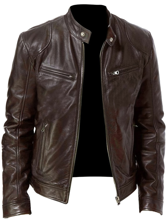 EX-STRECH Men's Zipper Jacket Coat - Full-Zip Motorcycle Jacket with Full-Zip Closure, Full-Length Zipper Front, Stand Collar & Zippered Pockets - Heavy-Duty Brown Leather-like Texture, Lining - Casual & Formal Outerwear for Everyday, Business, or Riding