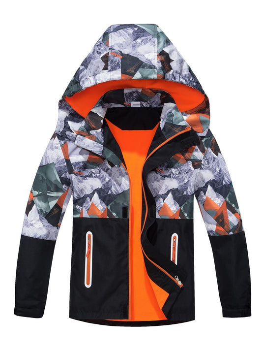 TOP&SKY KIDS Boys Lightweight High Quality Jacket with Removable Hood - Windproof Coat, Full-Zip Closure, Green/Black Camo, Machine Washable Outerwear for & Kids (Spring/Fall) - Ideal for Running, School, Travel, Kids Outdoor Apparel, Contrast Color Desig