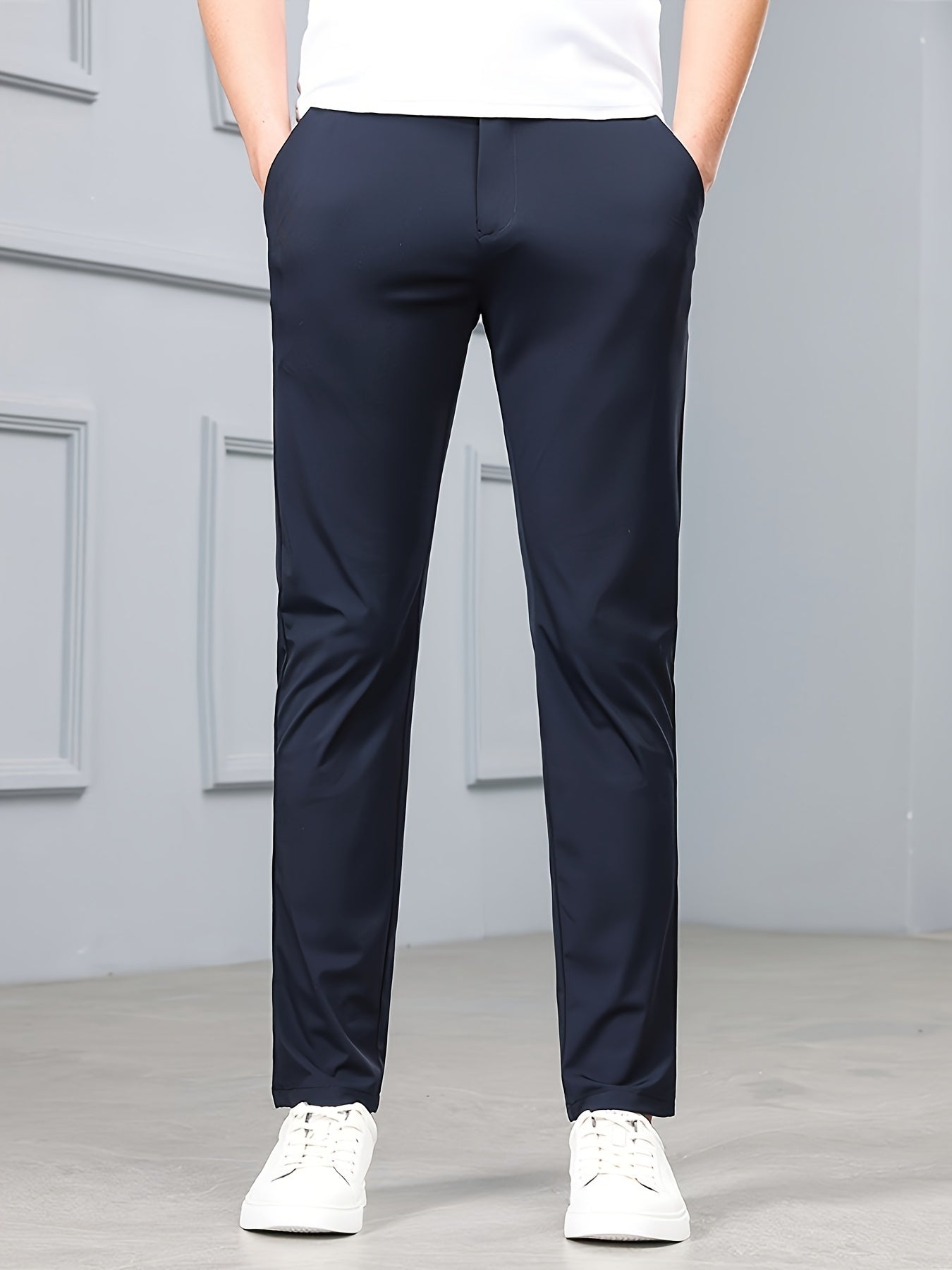 Men'S Slim-Fit Stretch Casual Pants - Mid-Rise Elastic Waistband, Solid Black, Zipper Fly & Pockets, Lightweight Summer Trousers for Casual Outings, Comfortable Leisurewear, Minimalist Design, Smooth Texture Fabric, Highelastic Material, Relaxed Fit, Mode