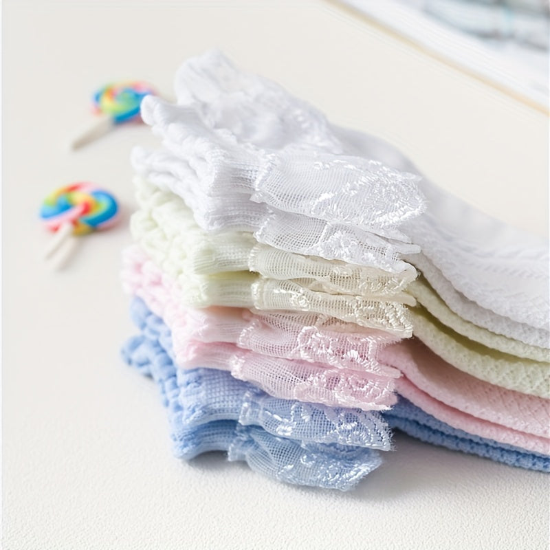 4 Pairs Of Girl's Lace Ruffle Frilly Trim Crew Socks, Breathable Comfy Dance Princess Socks