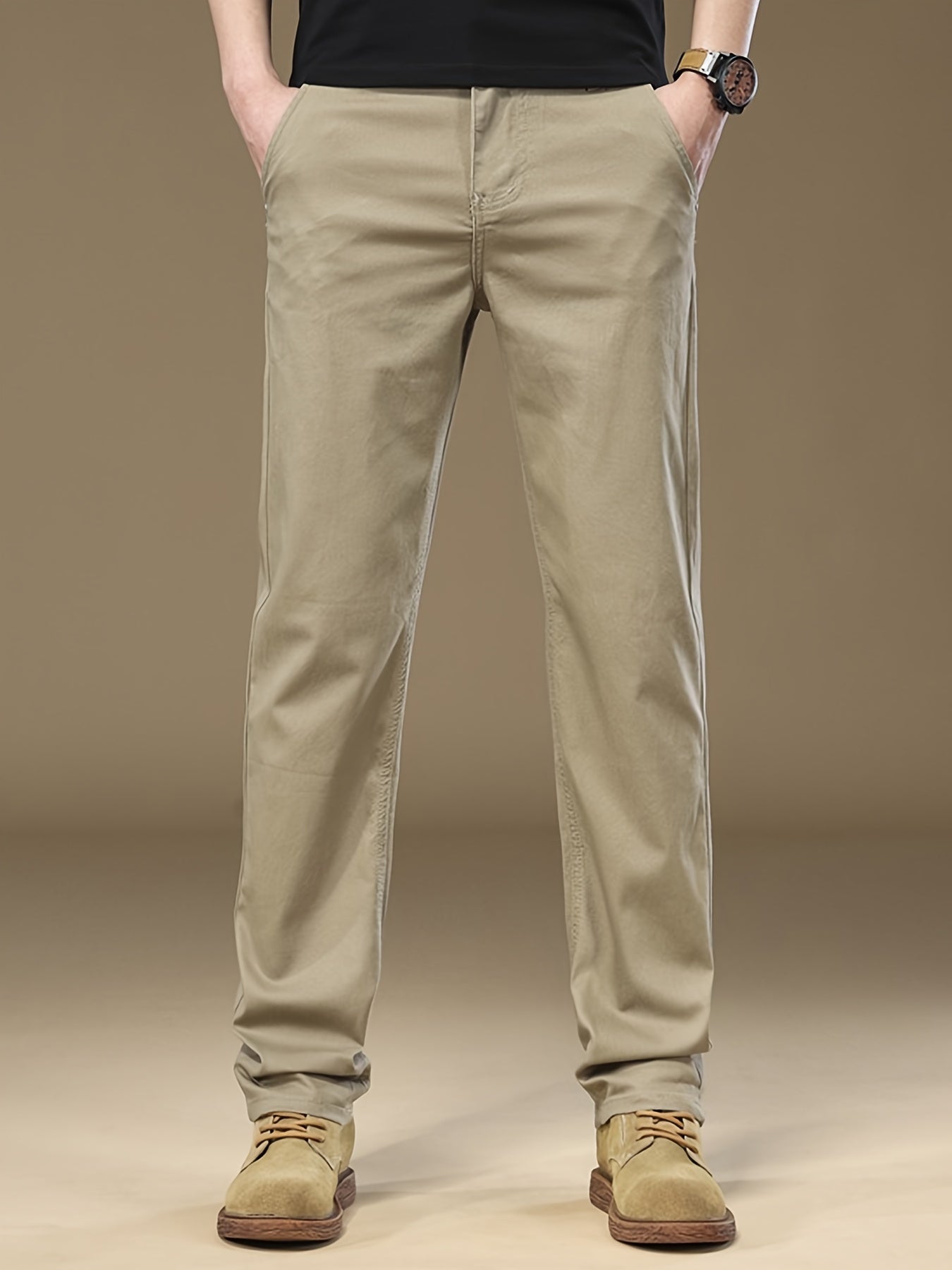 Men'S Slim-Fit Stretch Casual Pants - Elastic Waist Straight-Leg Trousers, Solid Color, Spring/Fall Comfort, Machine Washable, Regular Length for Business & Casual Attire, Spring Fall Attire, Sleek Straightleg, Smooth Texture Fabric, Office Attire, Modern