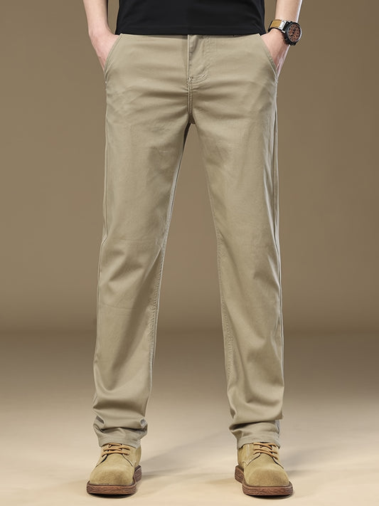 Men'S Slim-Fit Stretch Casual Pants - Elastic Waist Straight-Leg Trousers, Solid Color, Spring/Fall Comfort, Machine Washable, Regular Length for Business & Casual Attire, Spring Fall Attire, Sleek Straightleg, Smooth Texture Fabric, Office Attire, Modern