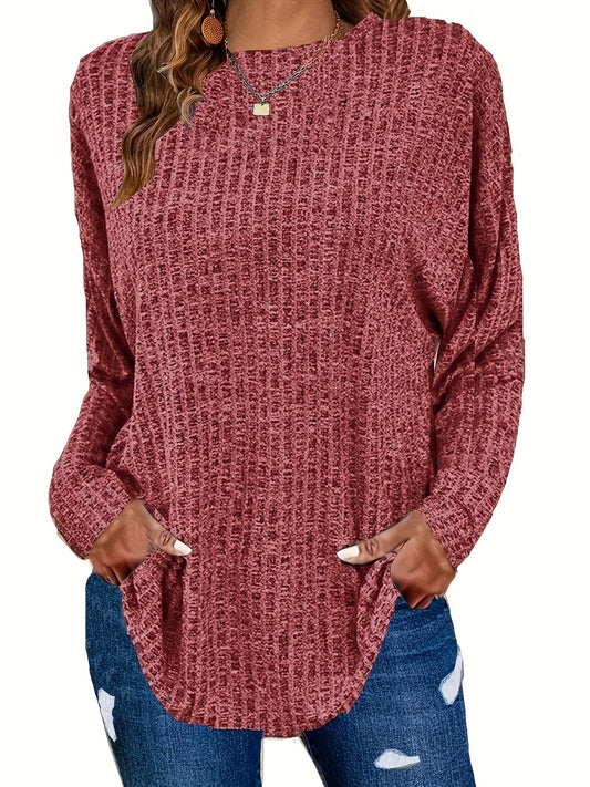 Women's Plus Size Casual Pullover Sweater - Solid Color Drop Shoulder Long Sleeve Round Neck Top, Medium Stretch Cozy Fall Winter Layering Essential, Relaxed Fit for Casual Attire, Sweater, Mediumstretch Fabric