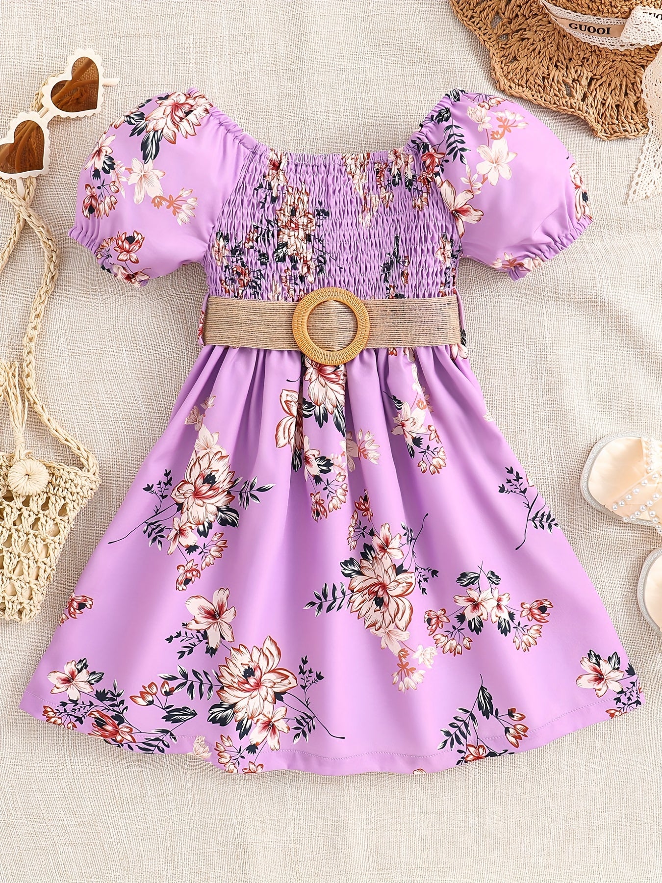 Summer Girls' Casual Floral Print Knee-Length Loose-Fit Dress with Ruffled Hem and Belt - Lightweight Woven Fabric, Short Sleeve, Perfect for Outdoor Play and Daily Wear, Summer Dresses for Girls, Playtime Fashion, Nontransparent Fabric