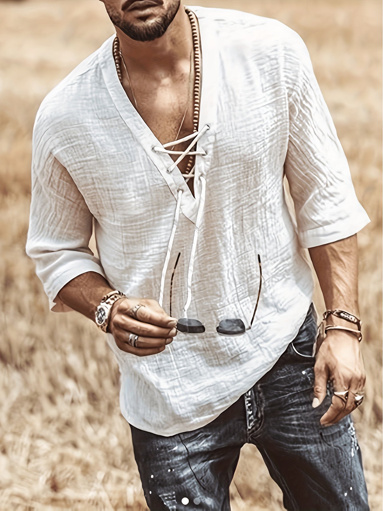 Men's Summer Casual V-Neck Breathable Short-Sleeve Fashion Drawstring Solid Color T-Shirt with Wrinkle Fabric
