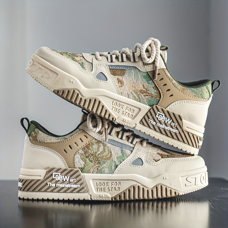 Men'S Fashion Sneakers, Street Style Graphic Low Top Shoes, Breathable Casual Sports Footwear, Non-Slip Lace-Up Trainers, All-Season Daily Wear, Faux Upper, Fabric Inner, PVC Sole, Round Toe Design