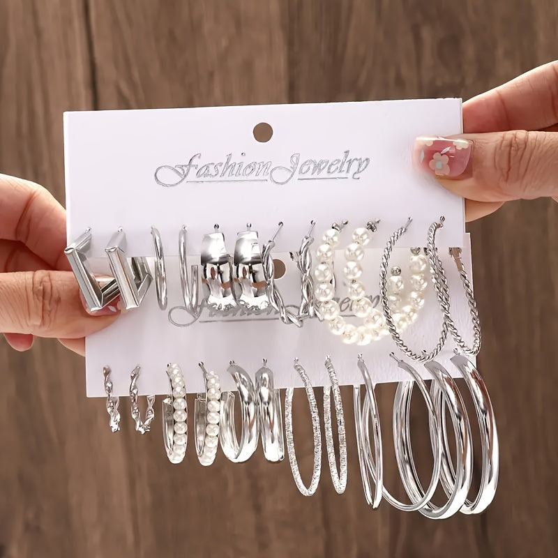 12 Pairs Of Classic Fashion Several C-ring Ladies' Earrings Set Holiday Couple Jewelry Gifts, Suitable for Women