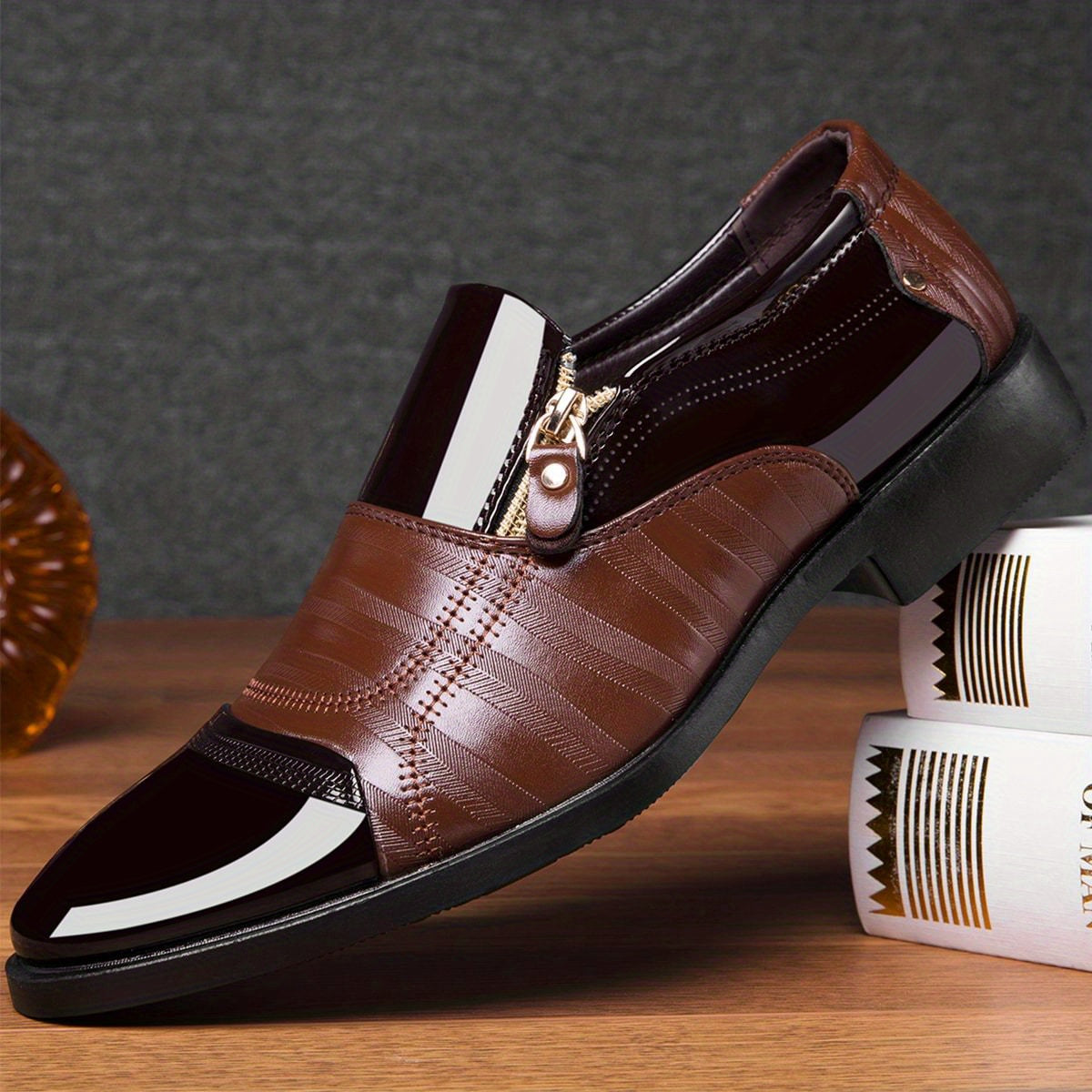 KJSOP Men's Glossy Brown Dress Shoes - British Style Sharp Pointed Toe Lace-like Zipper Closure, Glossy Polish, Comfortable PU Lining & Rubber Sole, Burgundy/Clear Toe & Black Trim - Business, Office, Semi-Formal Shoes for Men (Spring/Fall/Summer) - Burgu
