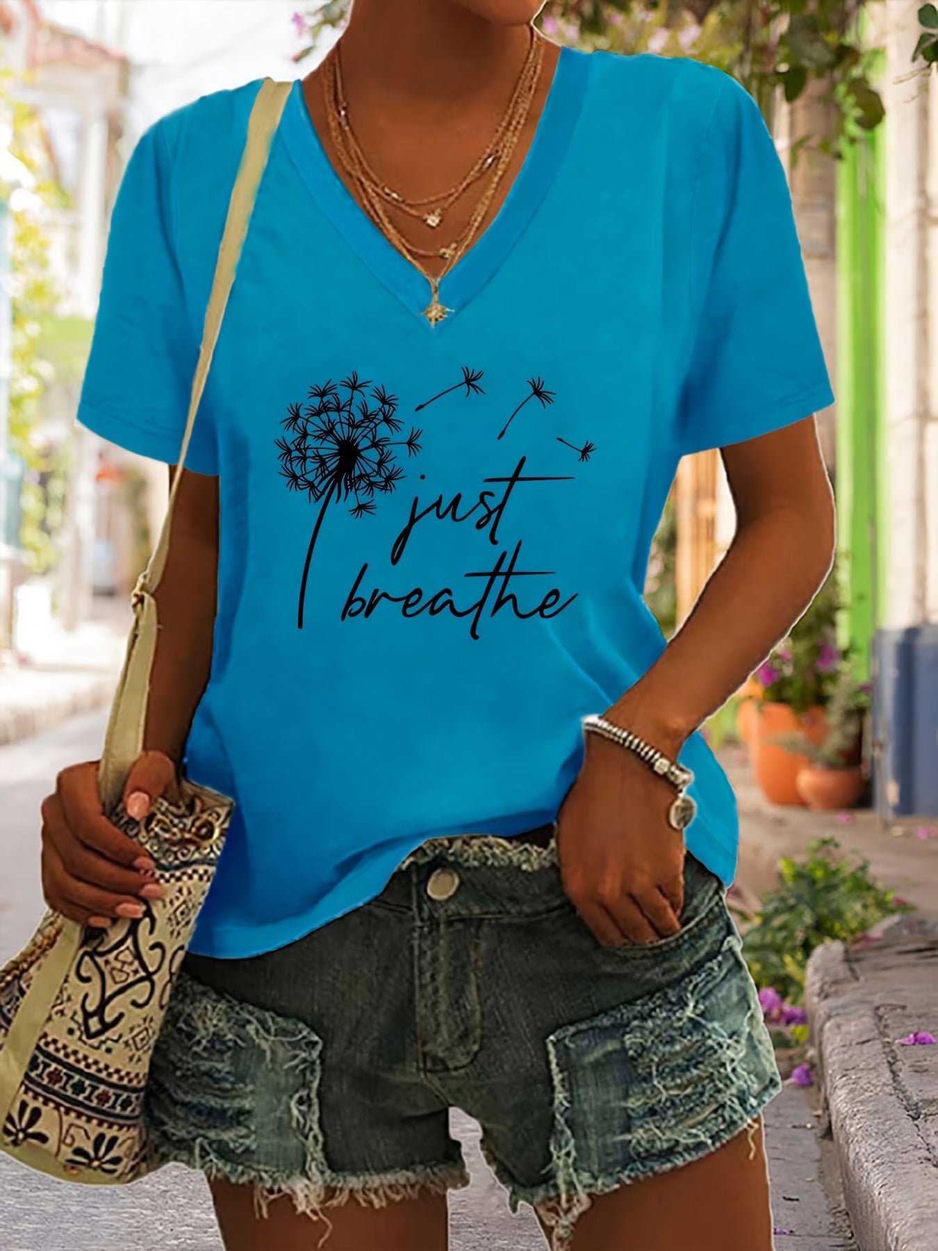 Dandelion Print T-Shirt, V Neck Short Sleeve Summer Casual Top, Women's Clothing