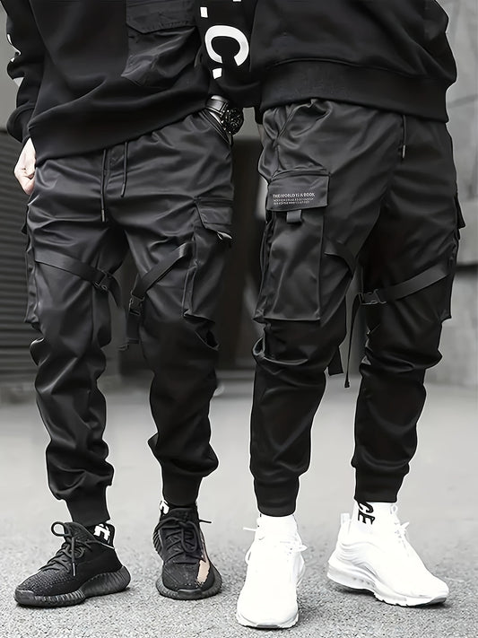 Trendy Solid Cargo Pants, Men's Multi Flap Pocket Trousers, Loose Casual Outdoor Pants, Men's Work Pants Outdoors techwear Hip Hop Style