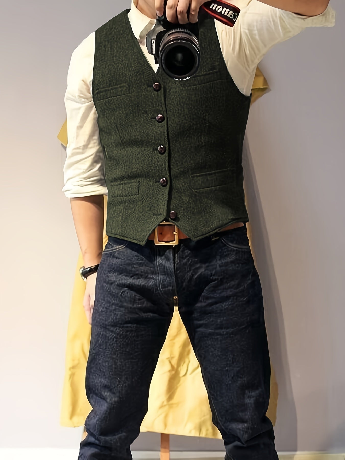 Men's Vintage Herringbone Tweed Vest - Western Cowboy Style, Gray Wool Blend with Button Front & Side Pockets for Weddings, Parties, Golf, Fishing, and Hunting